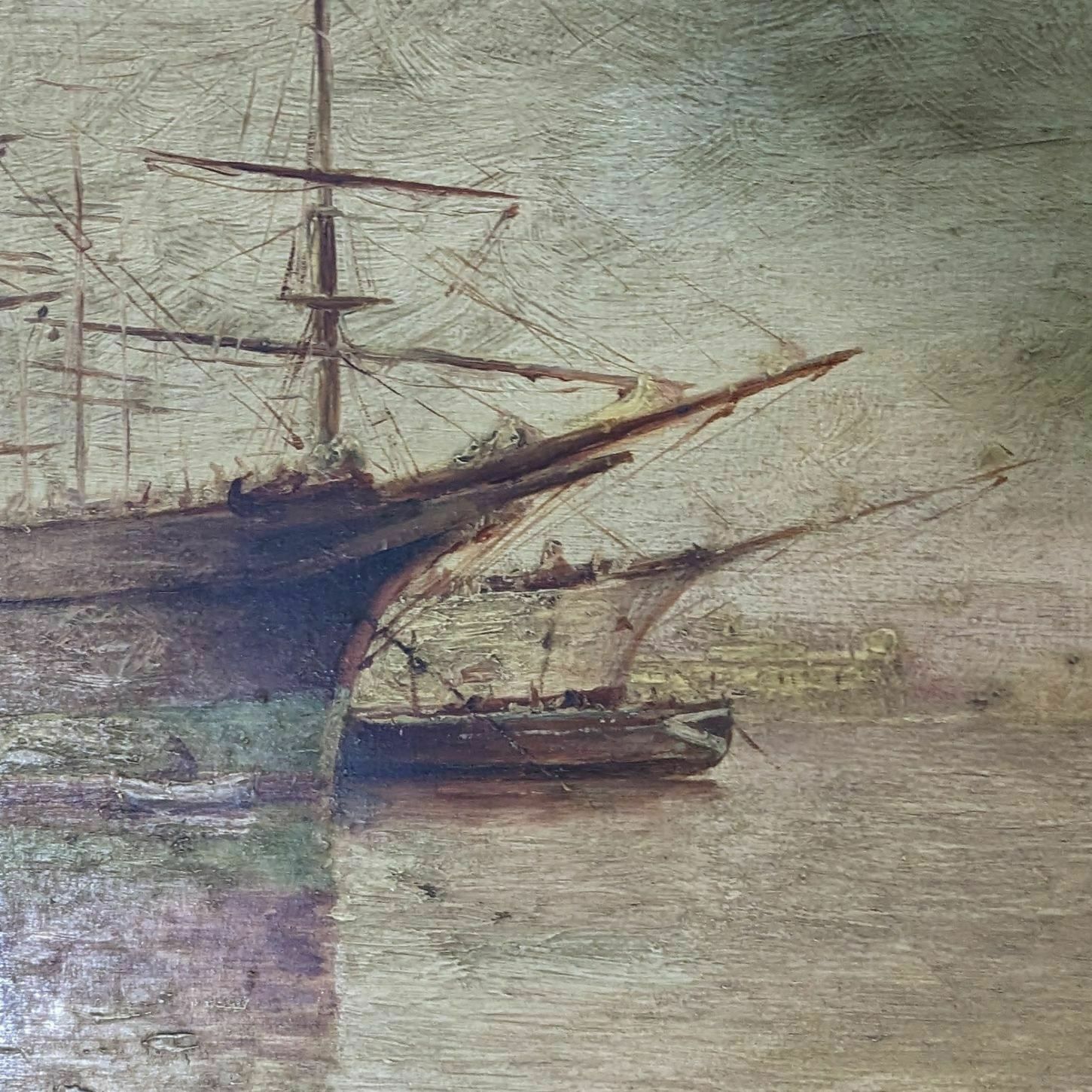 Boat In Port 1900 Marine Painting Signed F. Ausilia photo for sale