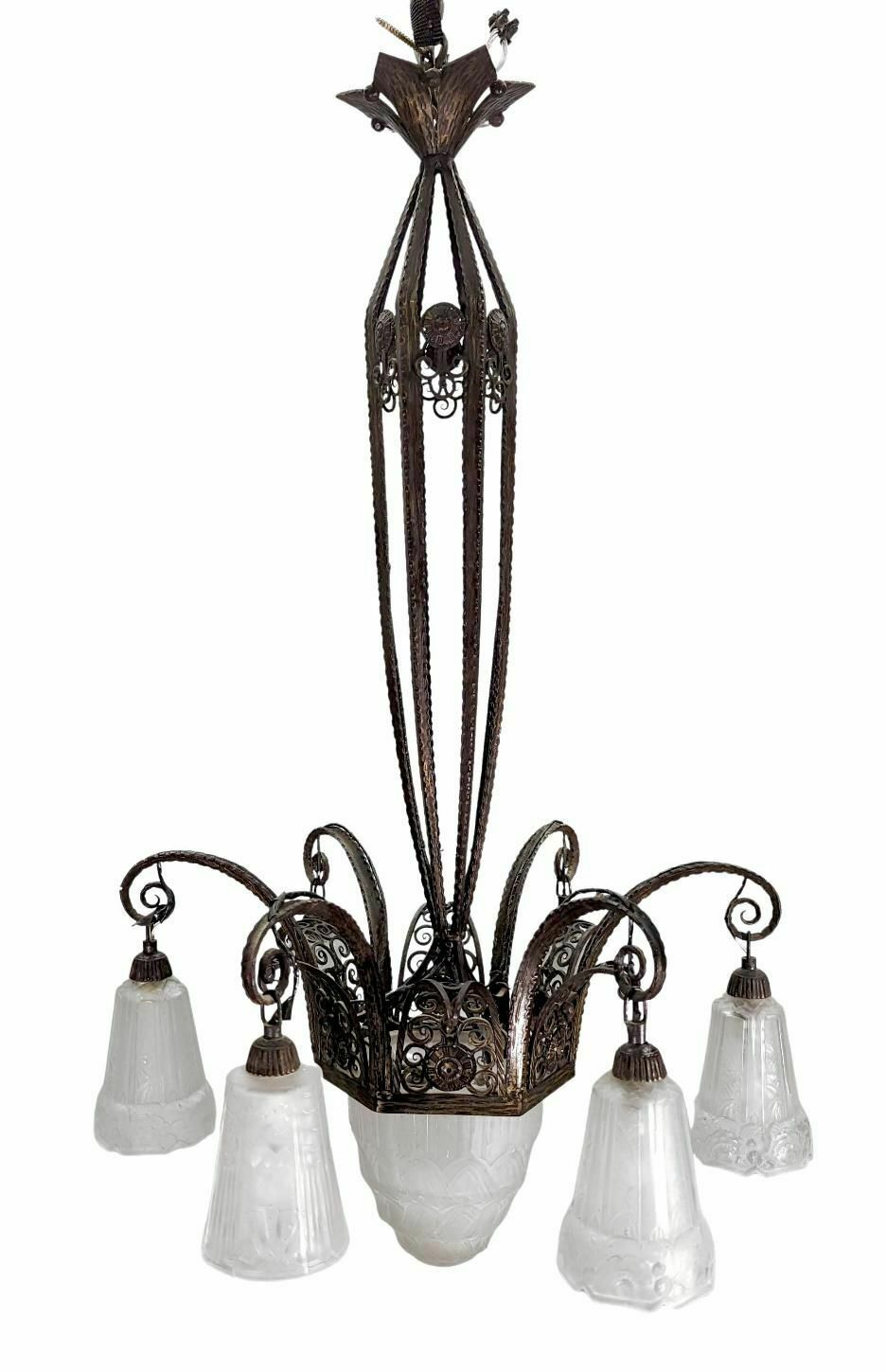 1930s Art Deco Wrought Iron Chandelier With Molded Tulips