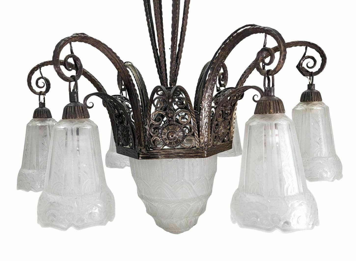 1930s Art Deco Wrought Iron Chandelier With Molded Tulips photo Lighting
