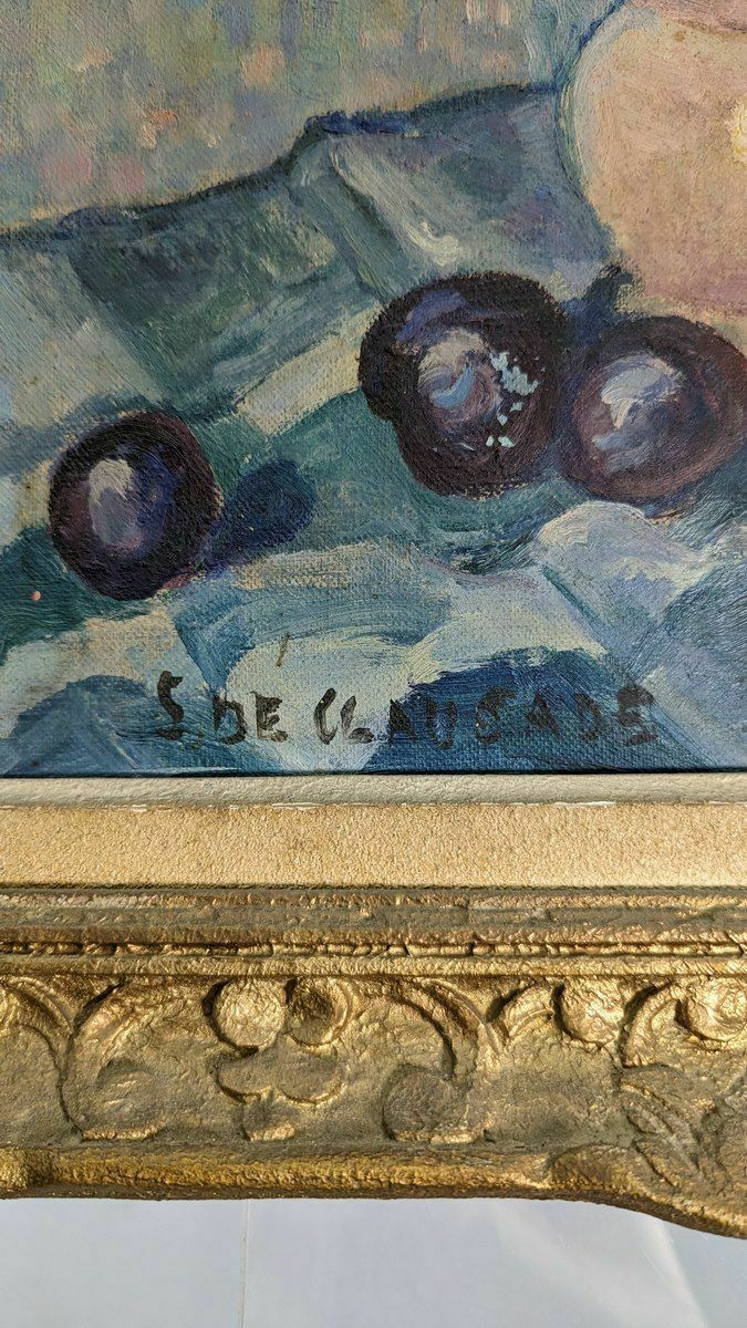 Oil On Canvas By Suzanne De Clausade Still Life With Oranges Plums Basket photo Art