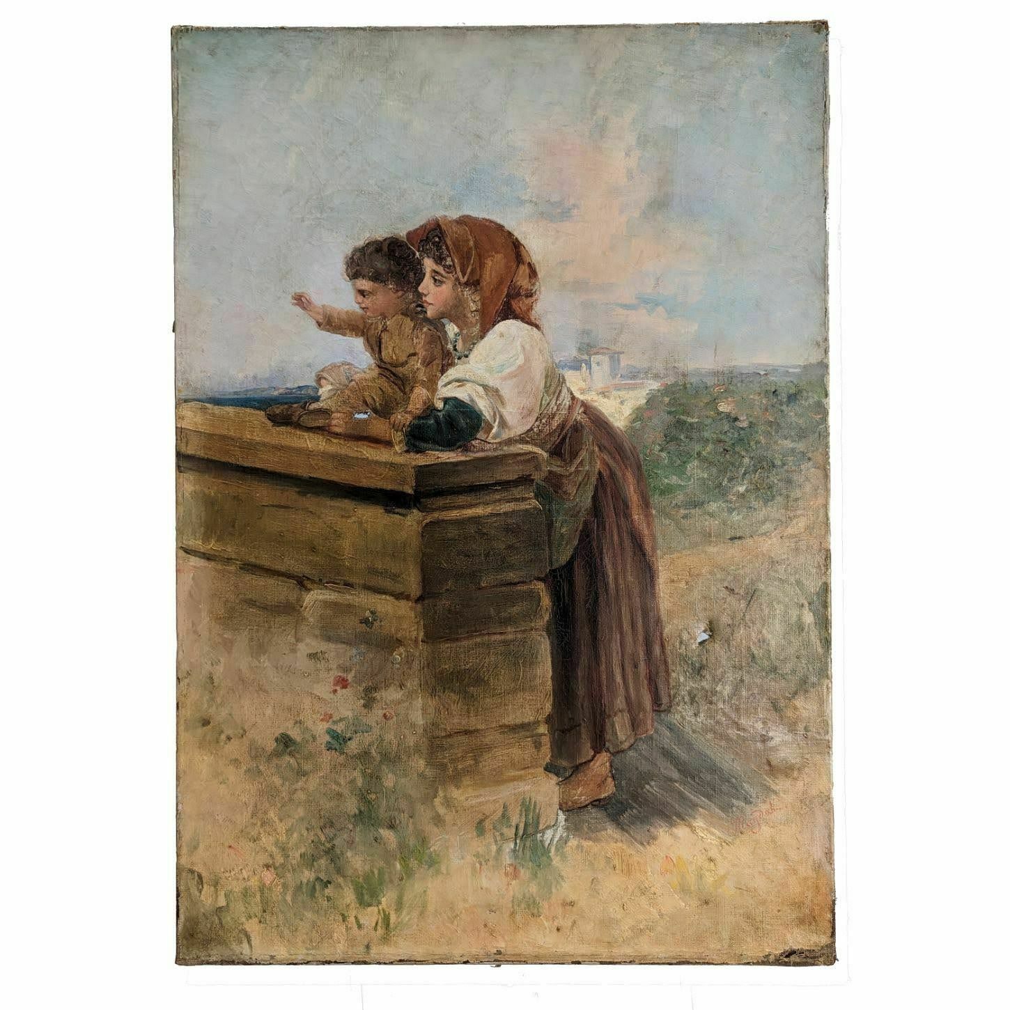 Young Peasant Woman With Child 19th Century Painting Signed