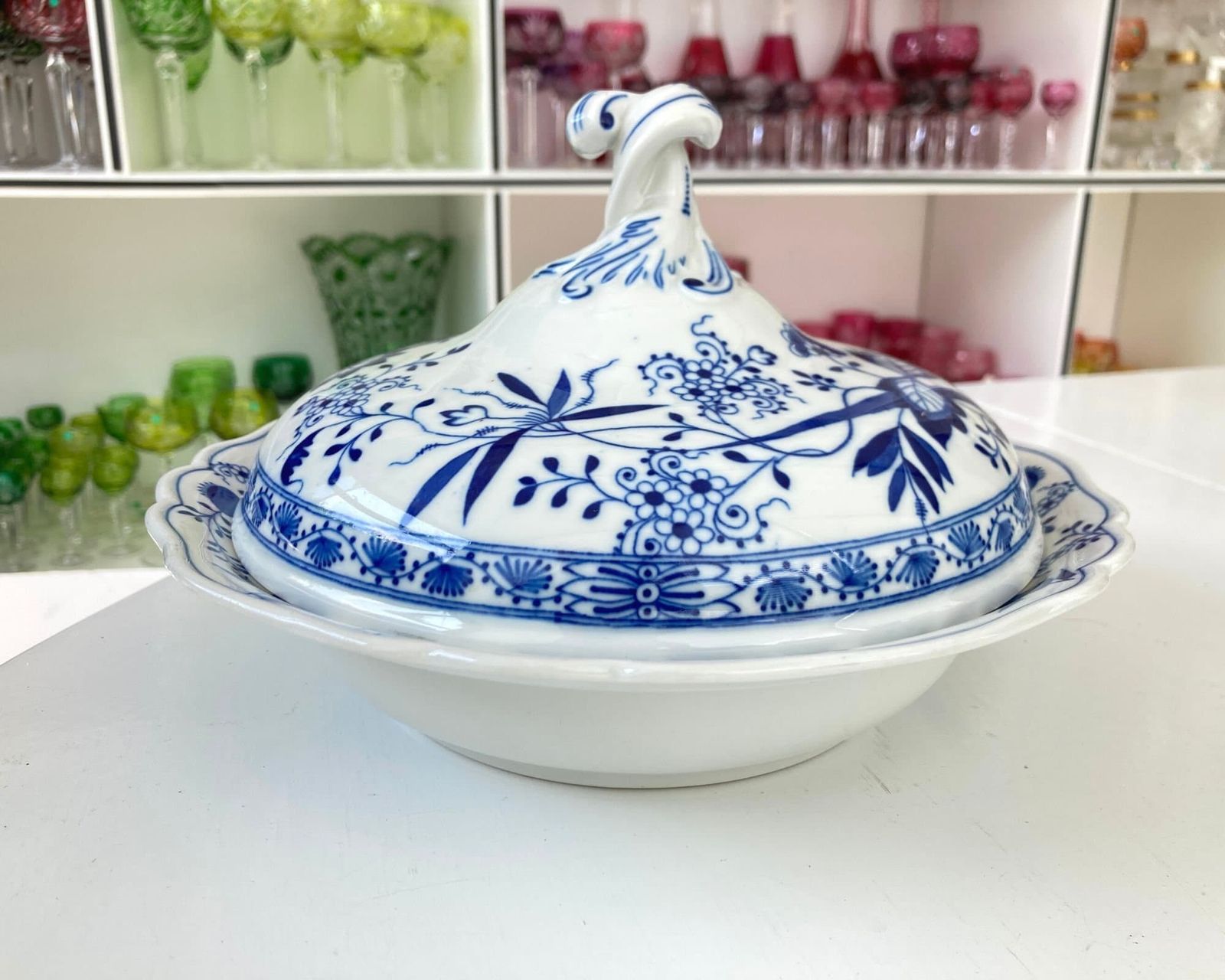 Antiek Porseleinen Ronde Terrine | Blauw Uien | Hutschenreuther Selb | Ca. 1935 photo vintage