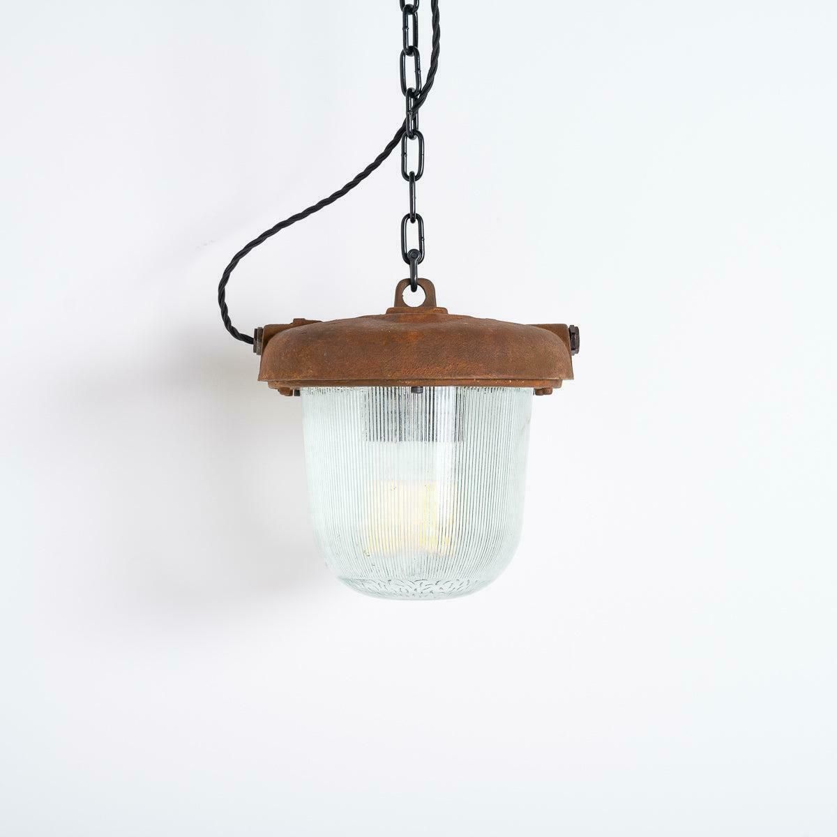 Reclaimed Rusted Polish Industrial Pendant Lights With Prismatic Glass