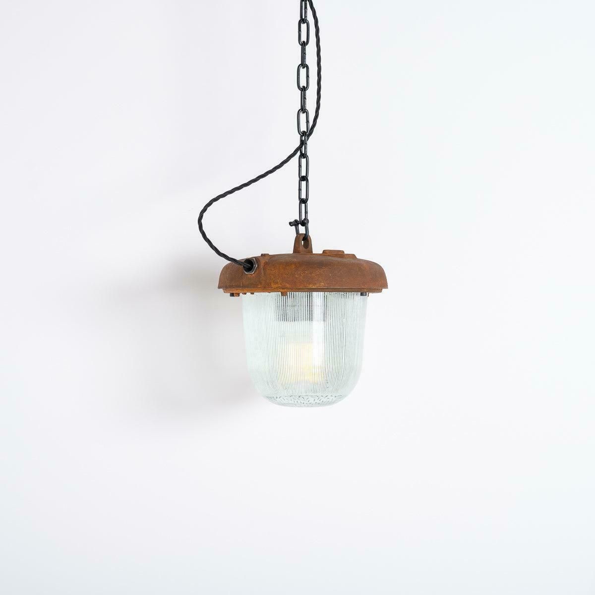 Reclaimed Rusted Polish Industrial Pendant Lights With Prismatic Glass photo vintage