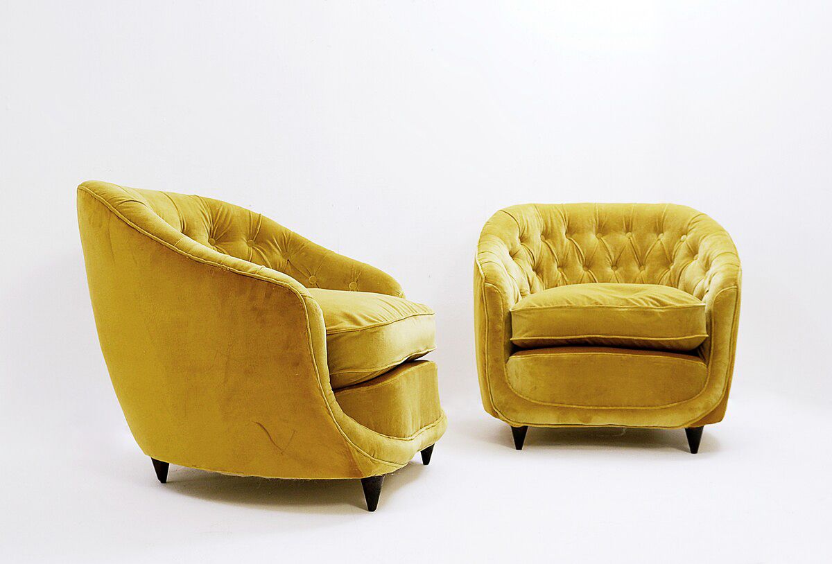 Pair Of Italian Yellow Velvet Armchairs By Gio Ponti