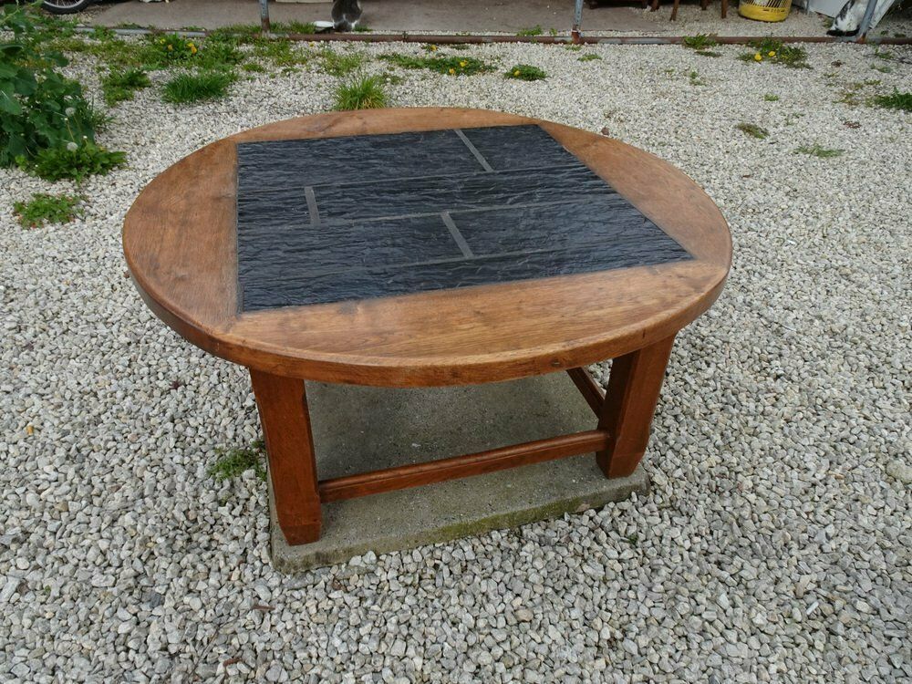 Large Brutalist Oak & Stone Inlay Coffee Table, 1970s photo furniture