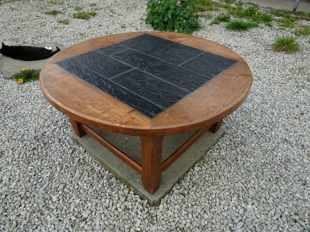 Large Brutalist Oak & Stone Inlay Coffee Table, 1970s photo vintage