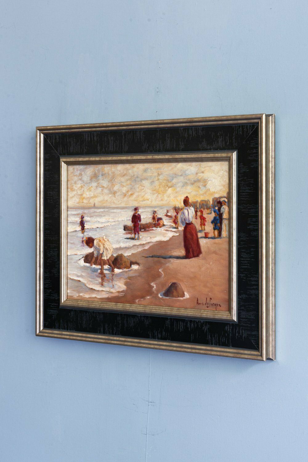 Anne De Seager, Beach Scene, Oil On Panel, Midcentury photo vintage