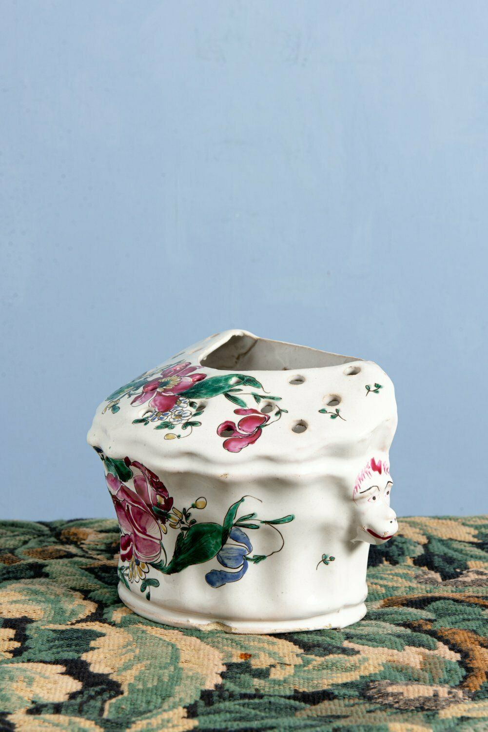 Moustiers Faience (Fabrique Ferrat), Pink & Green Bough Pot With Grotesques, Late 18th Century photo for sale