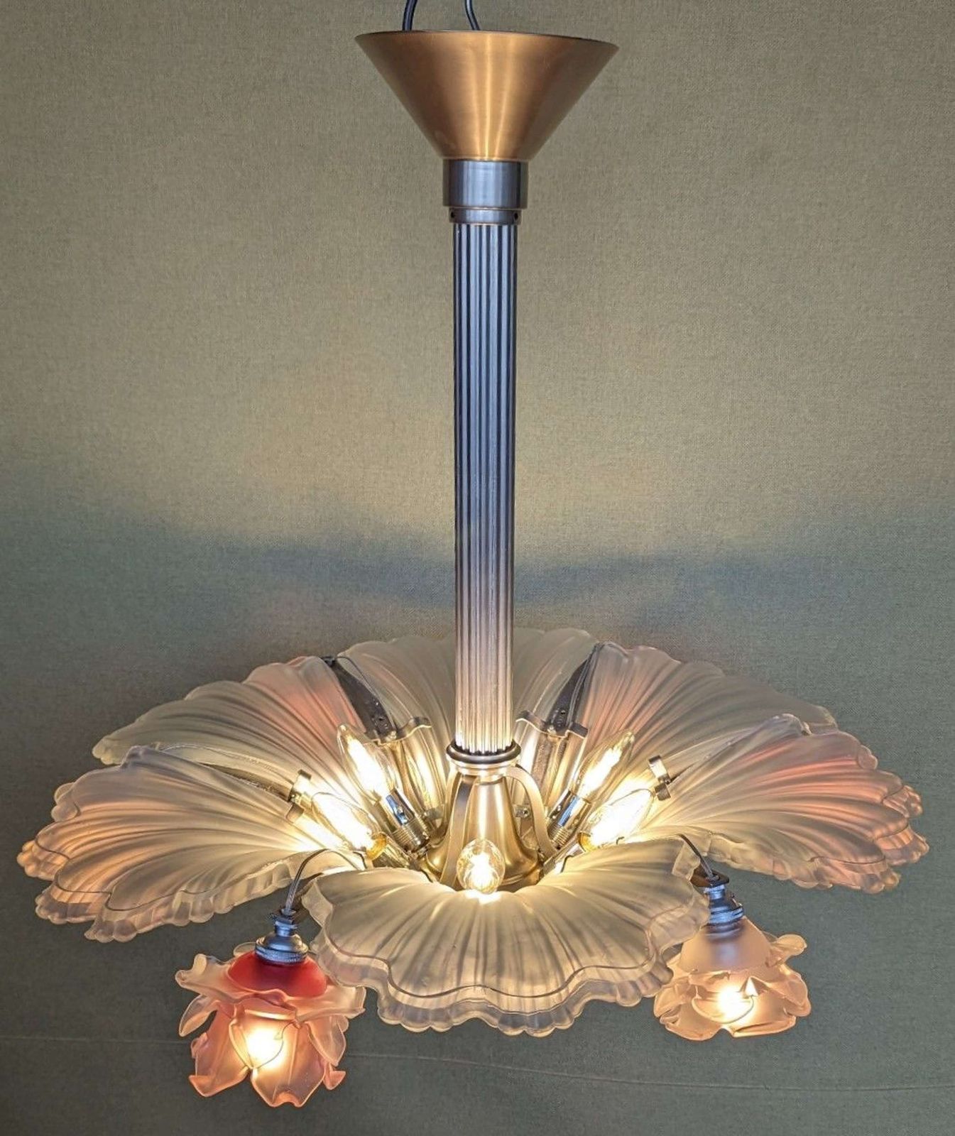 French Art Deco Frosted Glass And Brushed Nickel 12 Light Chandelier photo Lighting