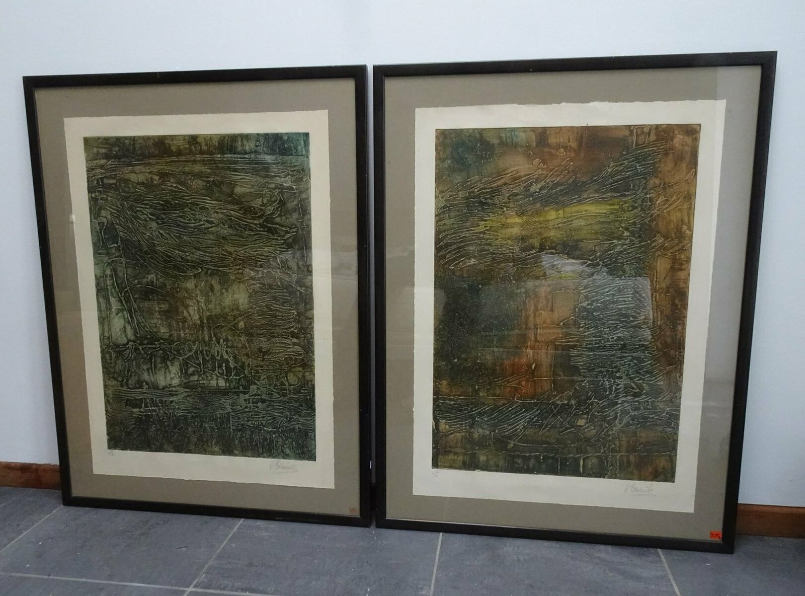 Compositions, 1970s, Large Aquatint Etchings, Framed, Set Of 2