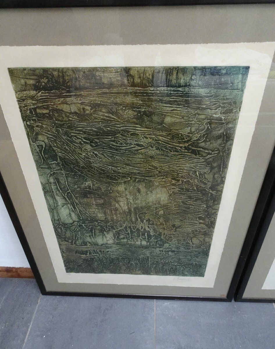 Compositions, 1970s, Large Aquatint Etchings, Framed, Set Of 2 photo vinterior
