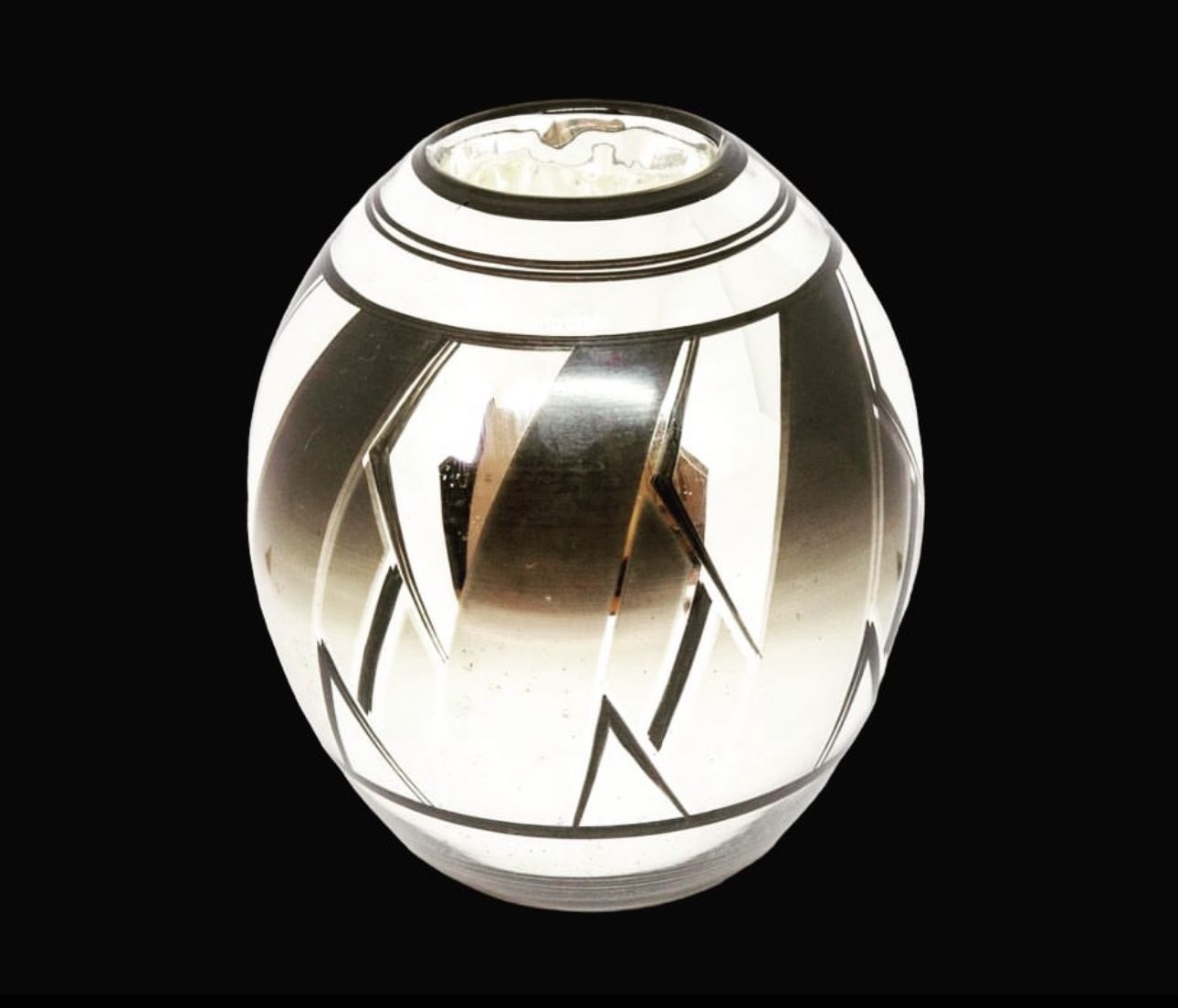 French Art Deco Glass Oviform Vase, Silver & Black Geometric Design photo buy