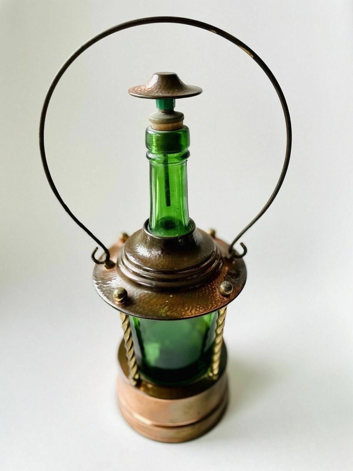 Green Glass & Copper Lantern/Decanter Reuge Made In Switzerland Music Box