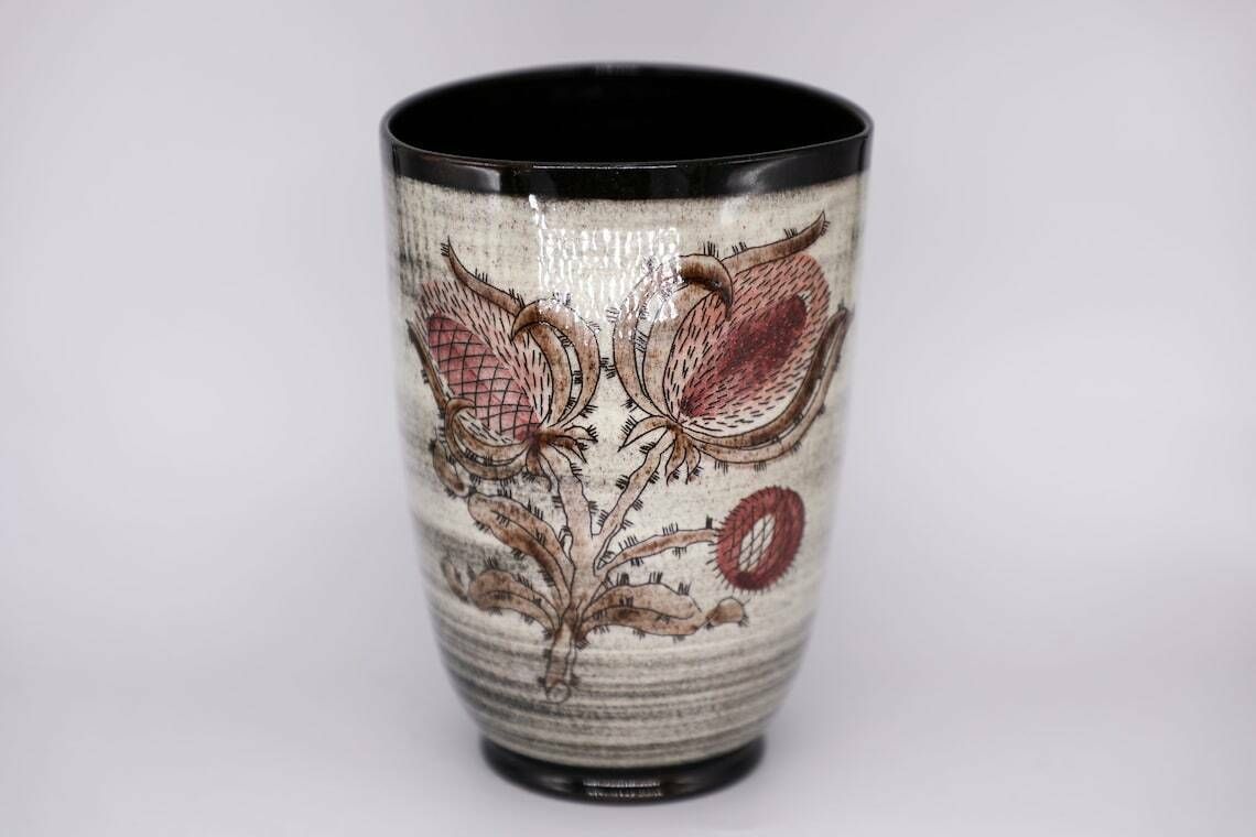 Stunning Hand Crafted Mid Century Ceramic Vase By Lanz Gwatt, Switzerland   1950s   With Thistles And A Butterfly   Vintage photo furniture