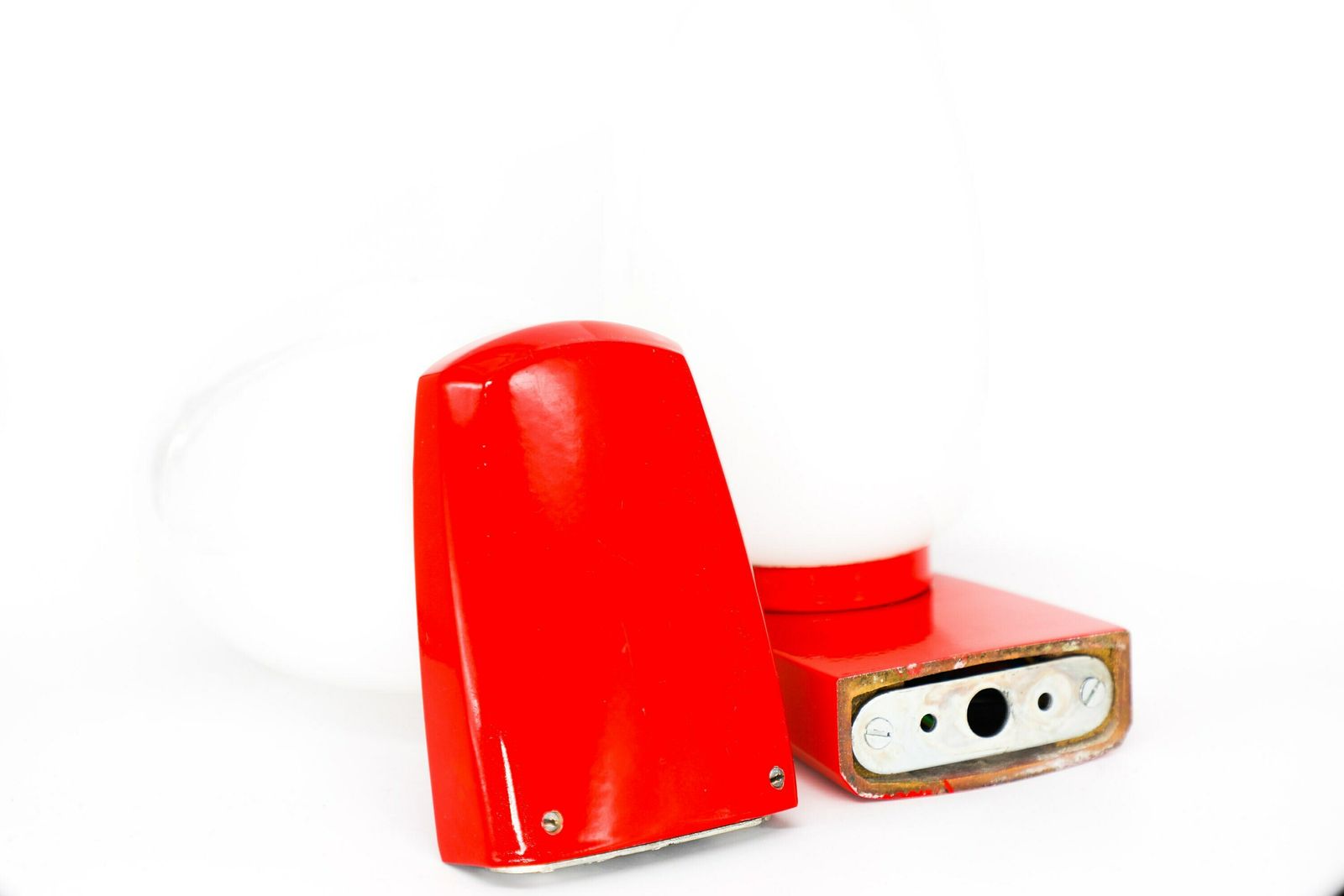 Pair Of Vintage 1970s Red Wall Lamps With White Glass Shades photo vintage