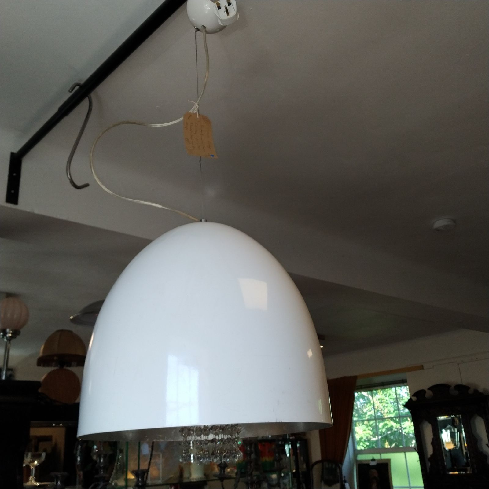 A Vintage Scandinavian White Dome Shaped Metal Pendant Lamp, Silvered Inside With Cut Glass Drops