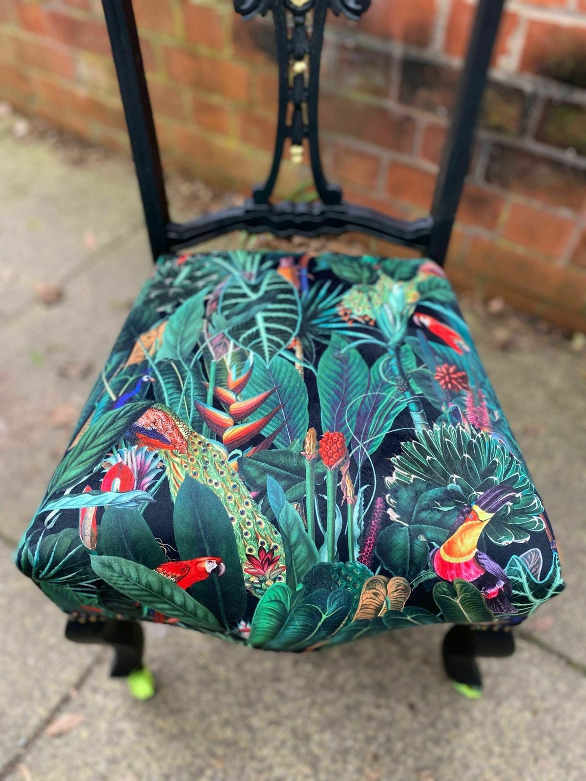 Victorian Nursing Chair Reupholstered In Amazon Jungle Printed Velvet And Detailed With 18ct Gold Leaf photo vinterior