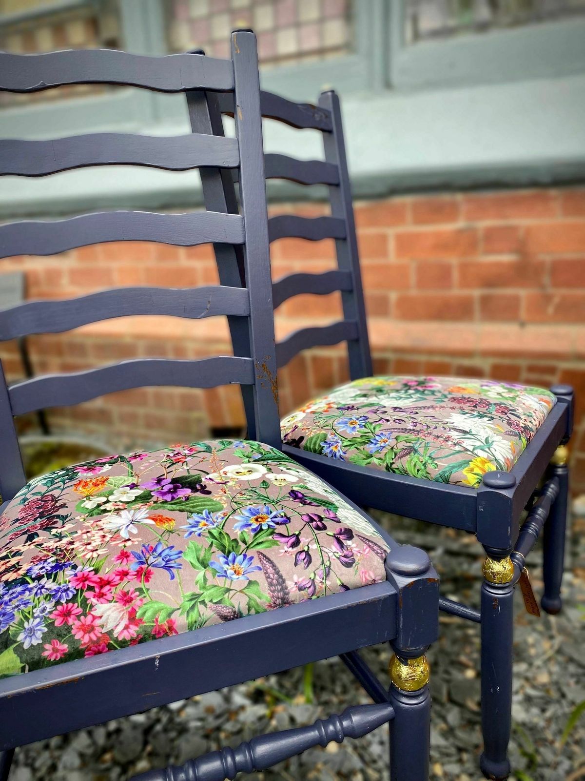 Lavender Indoor Mid Century Ladder Back Floral Garden Print Chairs (Pair) photo 249.0