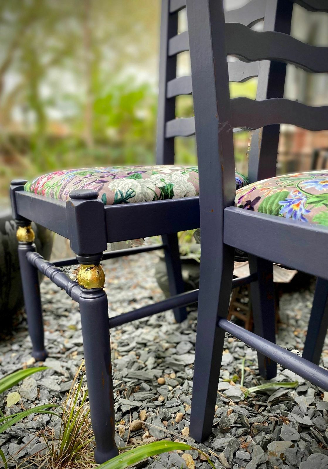 Lavender Indoor Mid Century Ladder Back Floral Garden Print Chairs (Pair) photo buy