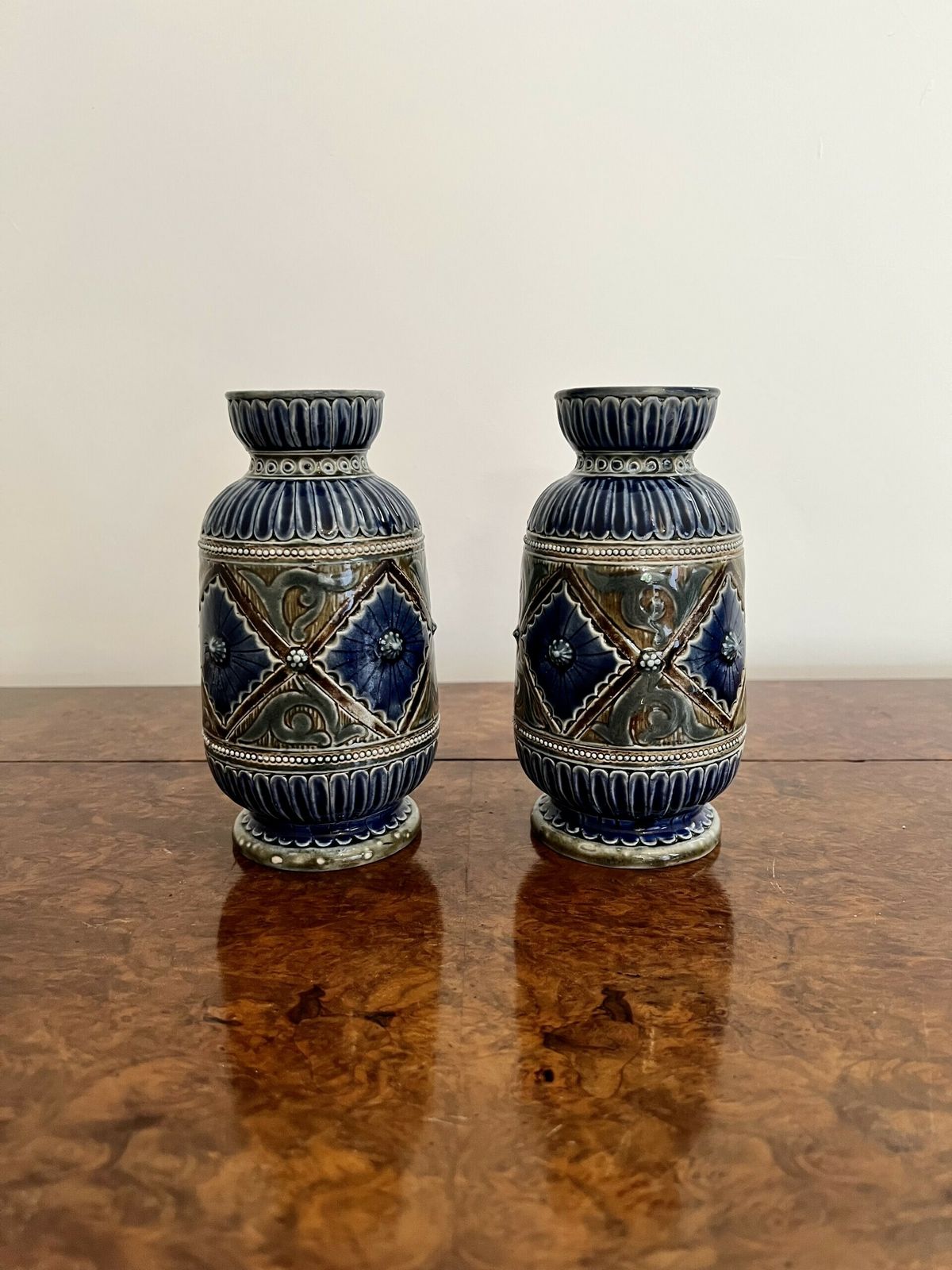 Attractive Pair Of Quality Victorian Doulton Lambeth Vases By Emily Edwards photo 425.0