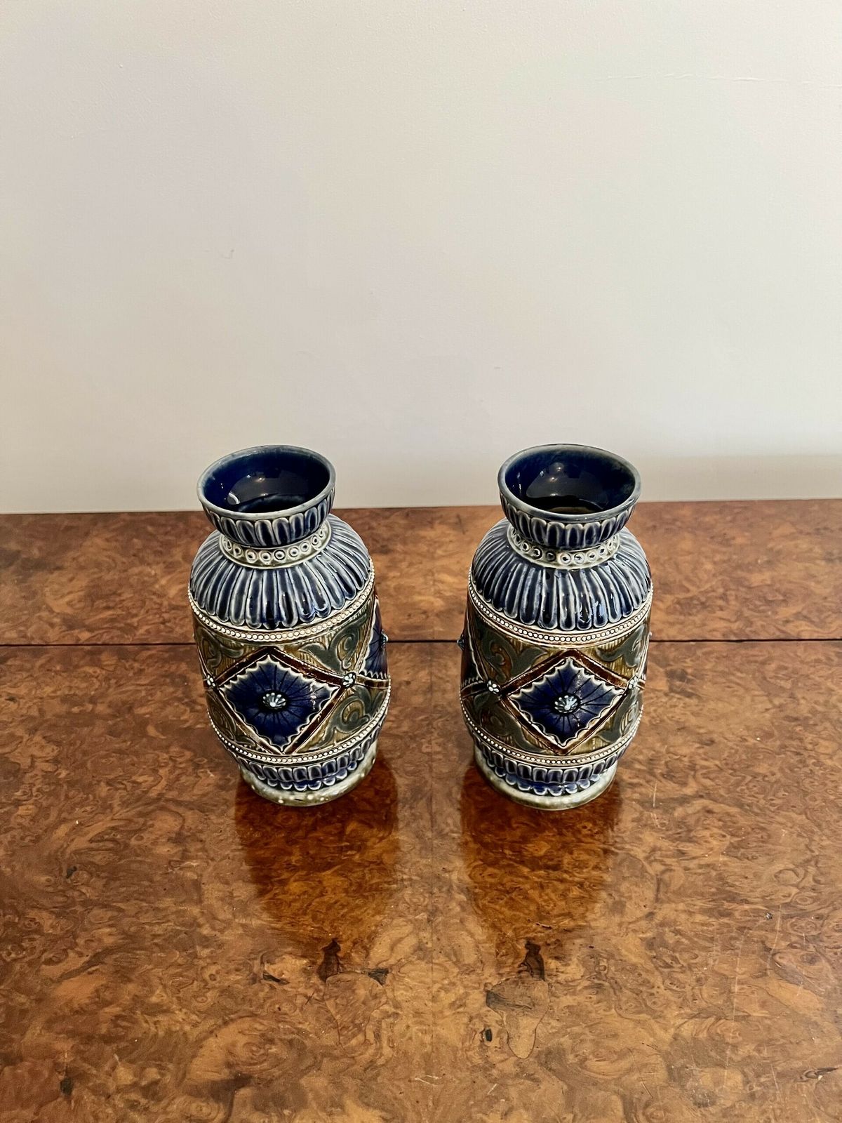 Attractive Pair Of Quality Victorian Doulton Lambeth Vases By Emily Edwards photo vinterior