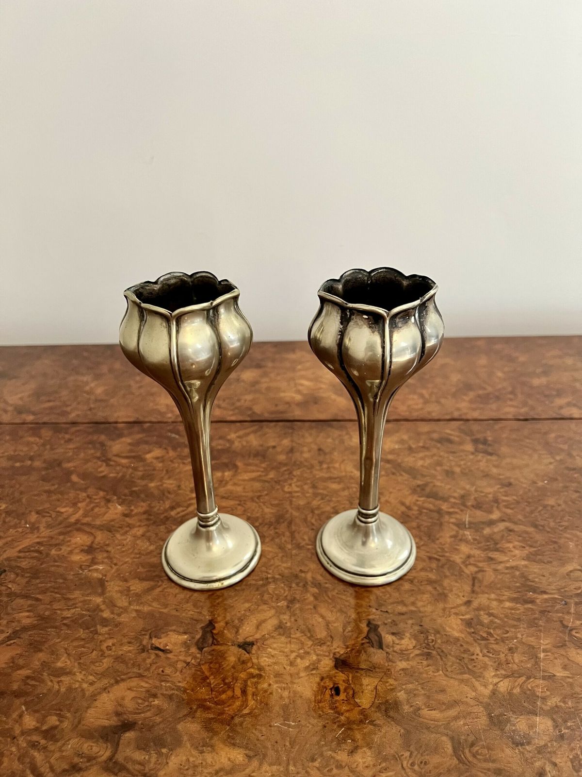 Lovely Pair Of Art Nouveau Silver Plated Spill Vases photo for sale