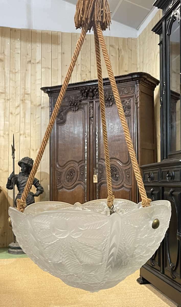 Hanging Lamp In White Glass From The Art Deco Period In The Lalique Style photo Lighting