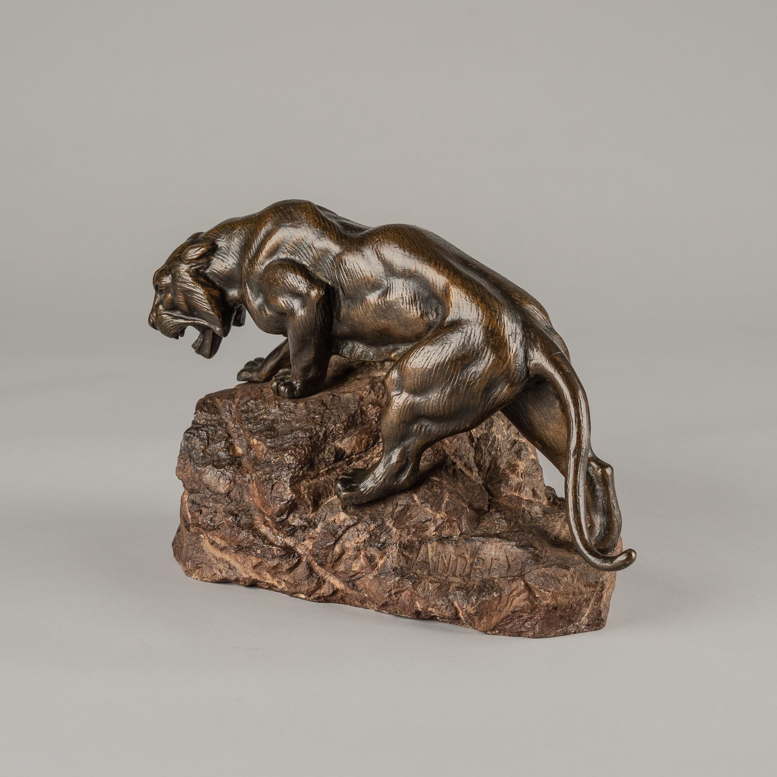 Large French Bronze Sculpture Of A Tiger Set On A Carved Marble Base Signed Andrey photo furniture