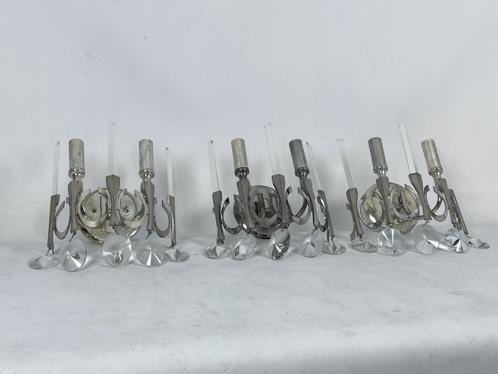 Mid Century Nicheled Brass And Glass Sconces By Sciolari. Labeled. Italy 1960s photo furniture