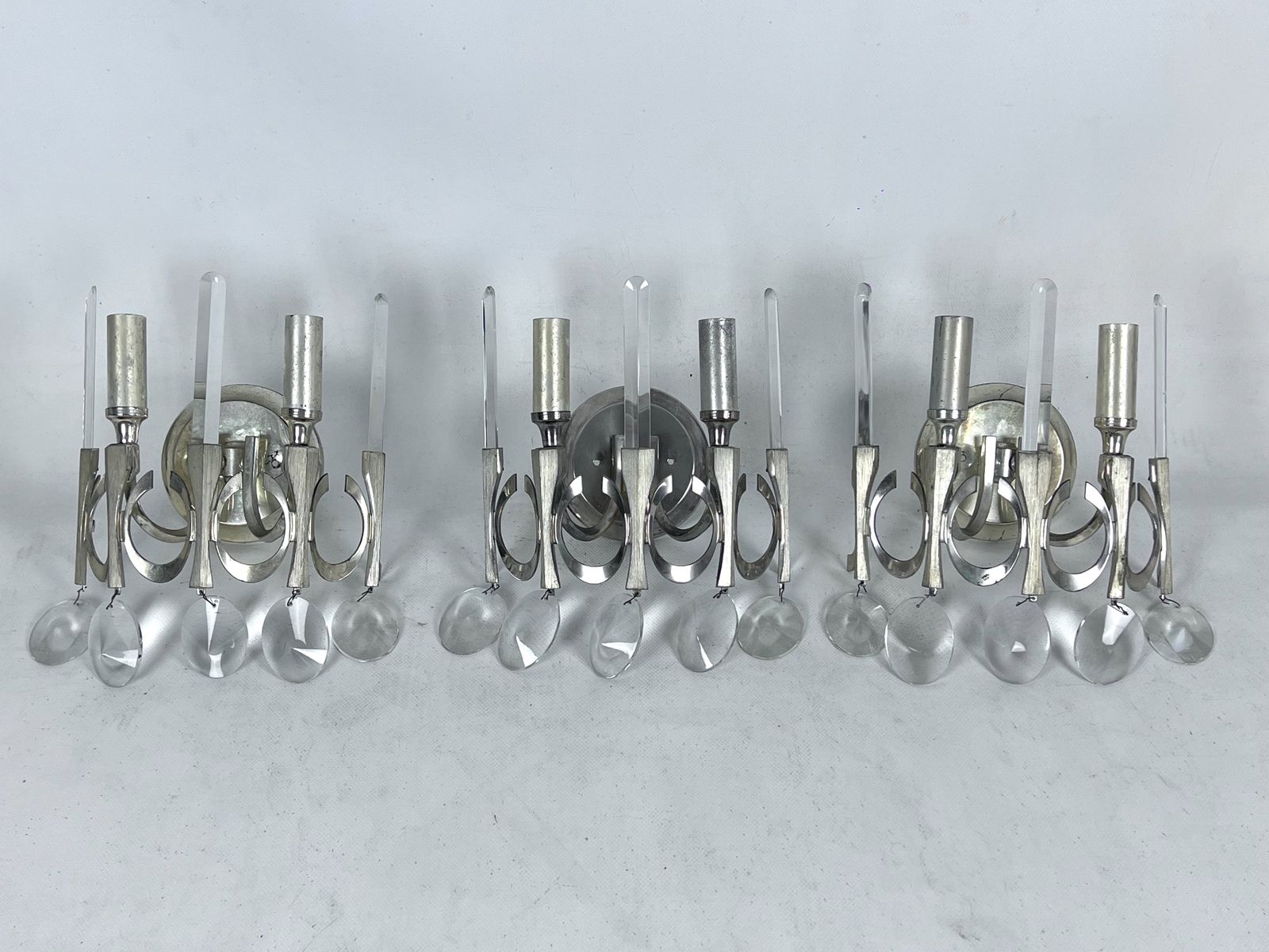 Mid Century Nicheled Brass And Glass Sconces By Sciolari. Labeled. Italy 1960s