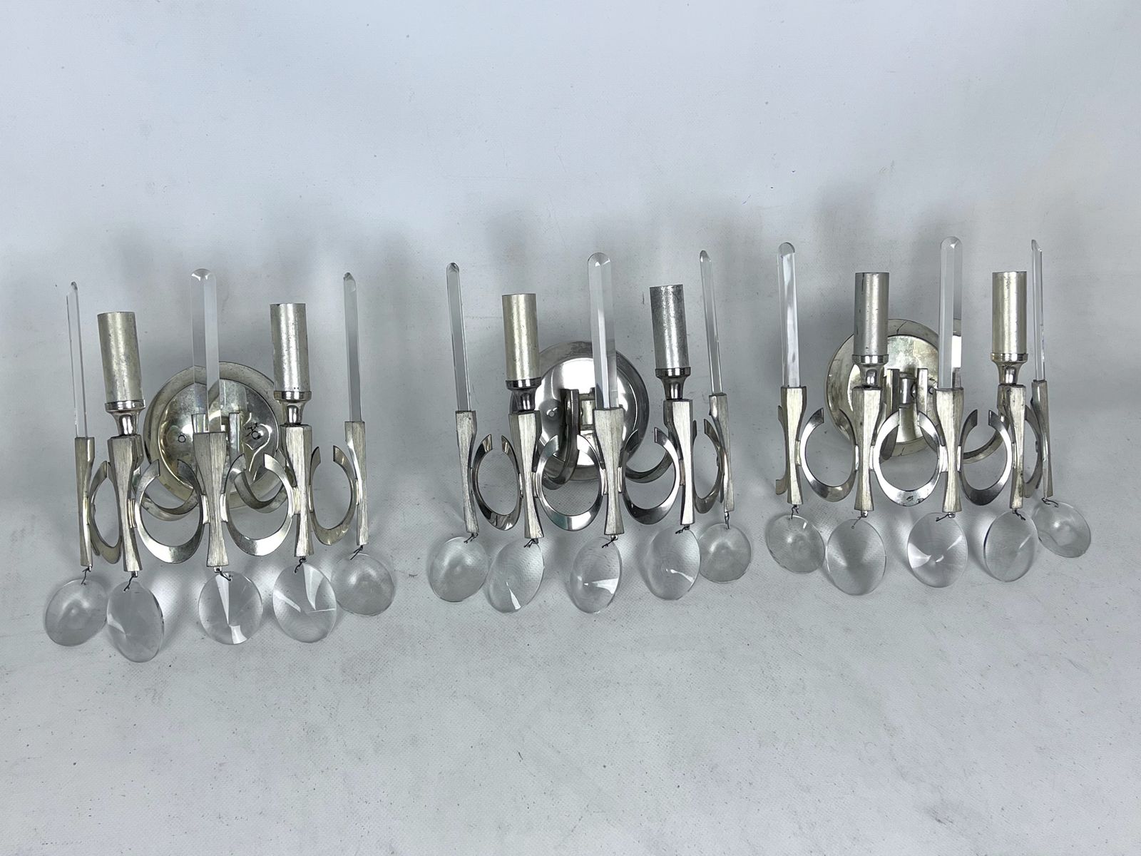 Mid Century Nicheled Brass And Glass Sconces By Sciolari. Labeled. Italy 1960s photo vintage