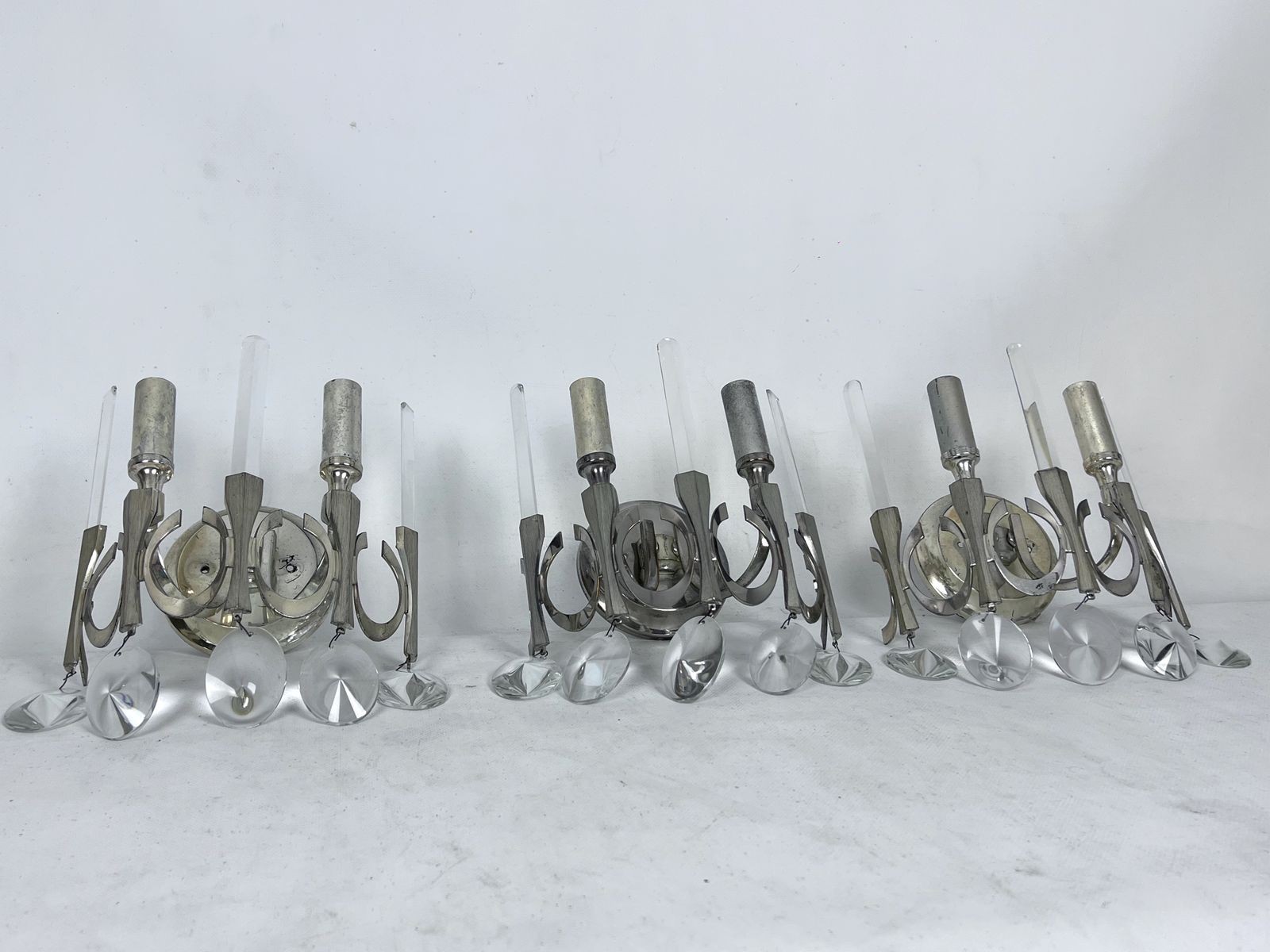 Lighting Mid Century Nicheled Brass And Glass Sconces By Sciolari. Labeled. Italy 1960s photo