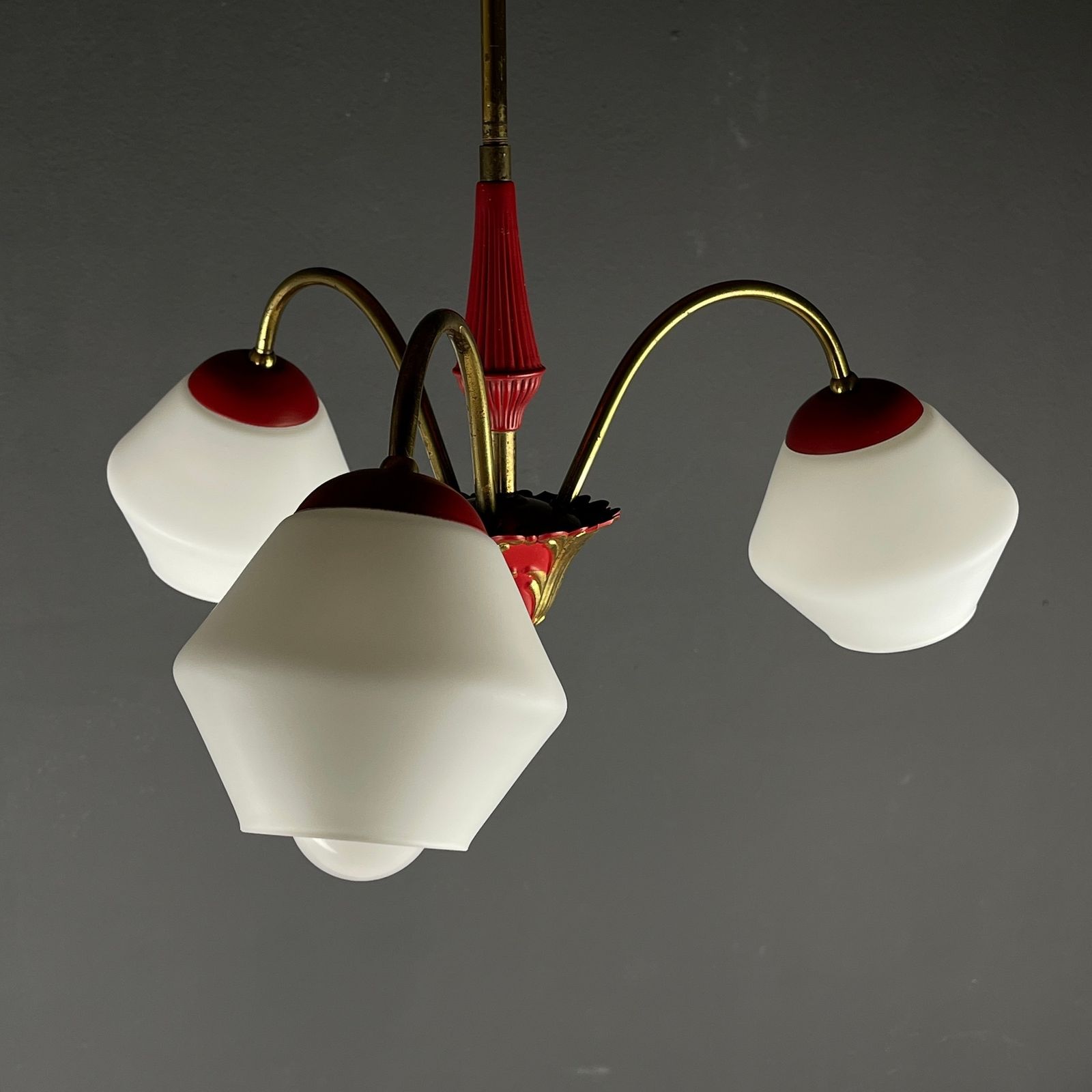 Vintage Italian Brass And Milky Glass 3 Arm Chandelier   1950s photo furniture
