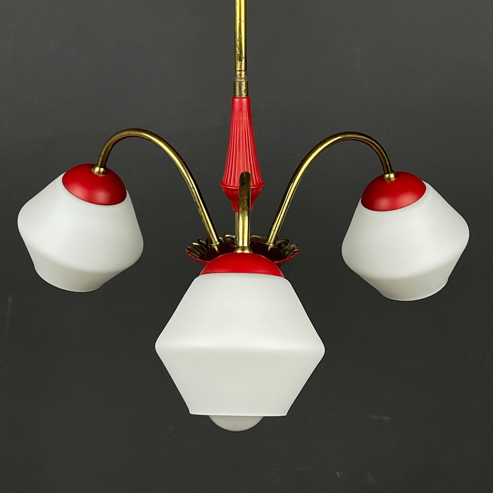 Vintage Italian Brass And Milky Glass 3 Arm Chandelier   1950s