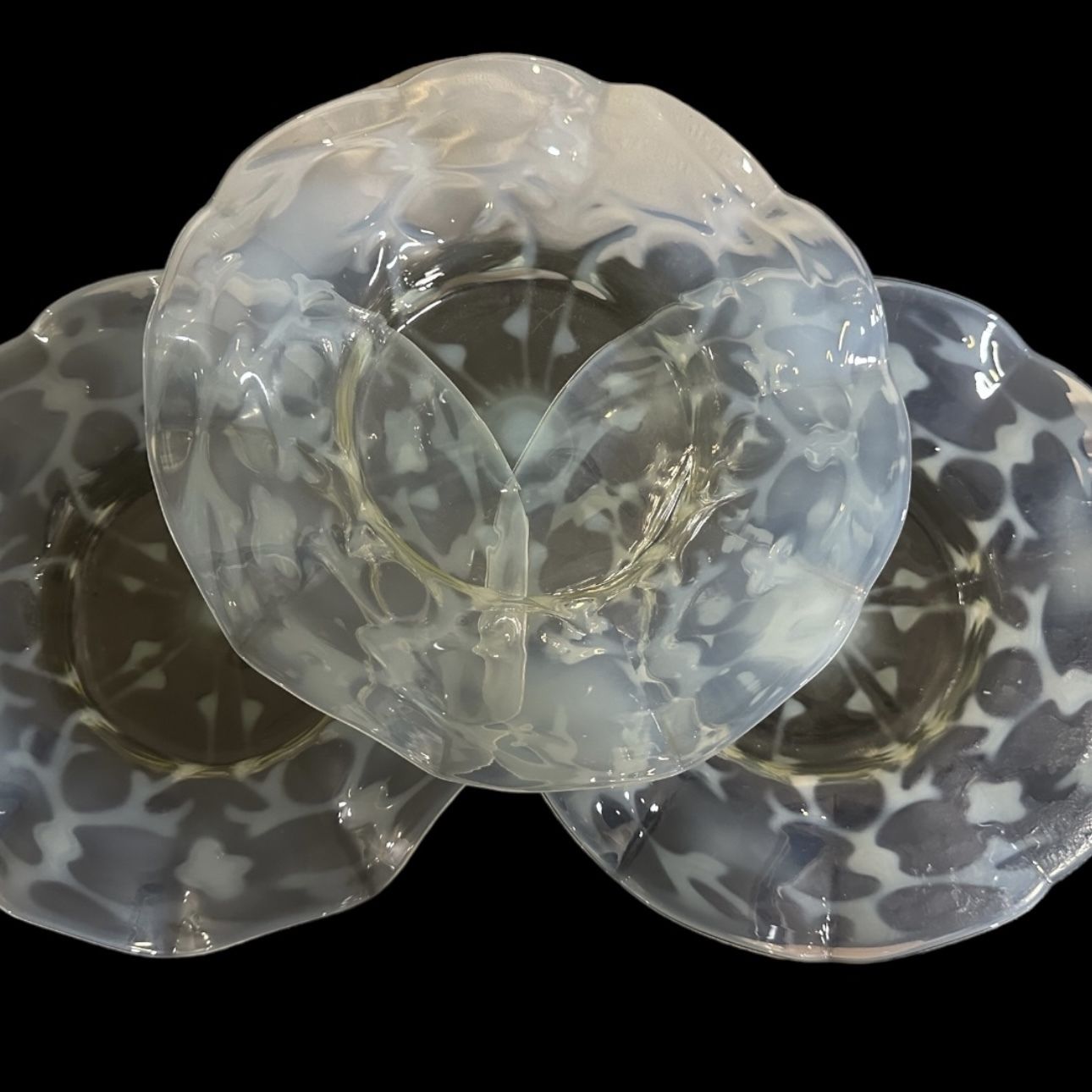 Set Of 3 John Walsh Walsh Art Nouveau Vaseline Glass Opaline Brocade Design Fluted Dishes, C.1900 photo Home Decor