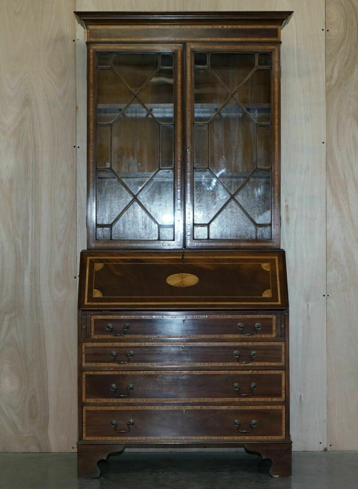 Antique Sheraton Revival Burea Bookcase Leather Top Mahogany Walnut & Satinwood photo furniture