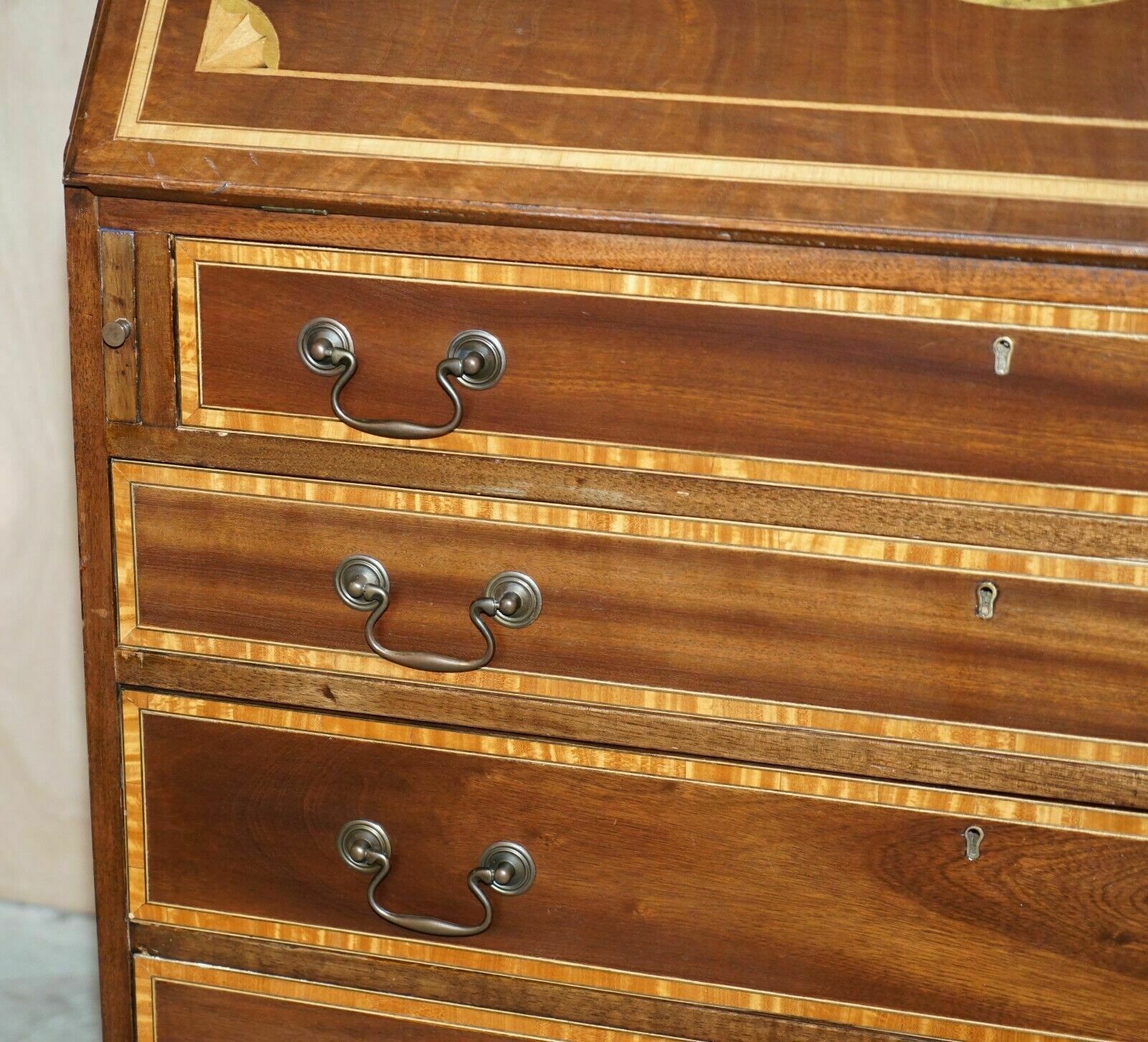 Antique Sheraton Revival Burea Bookcase Leather Top Mahogany Walnut & Satinwood photo 4750.0