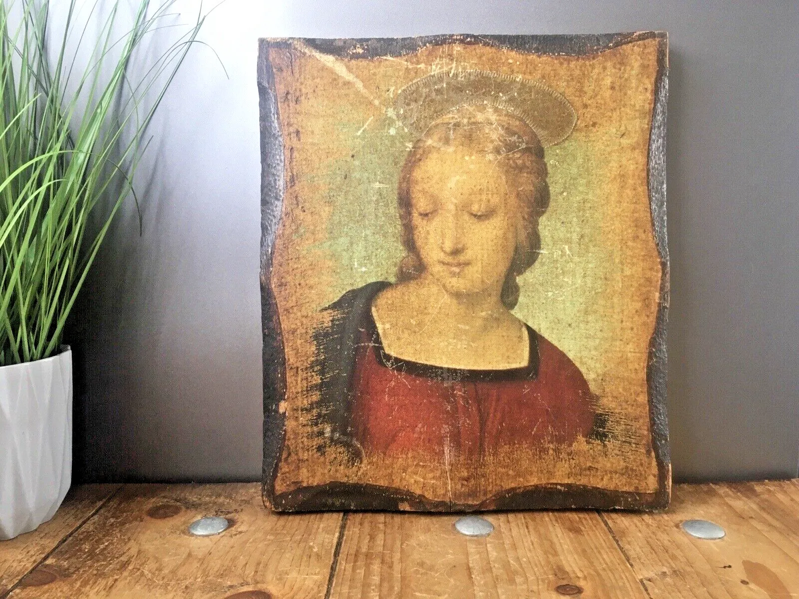 Vintage Madonna Del Cardellino Raphael Icon Religious Wooden Wall Panel Plaque photo furniture