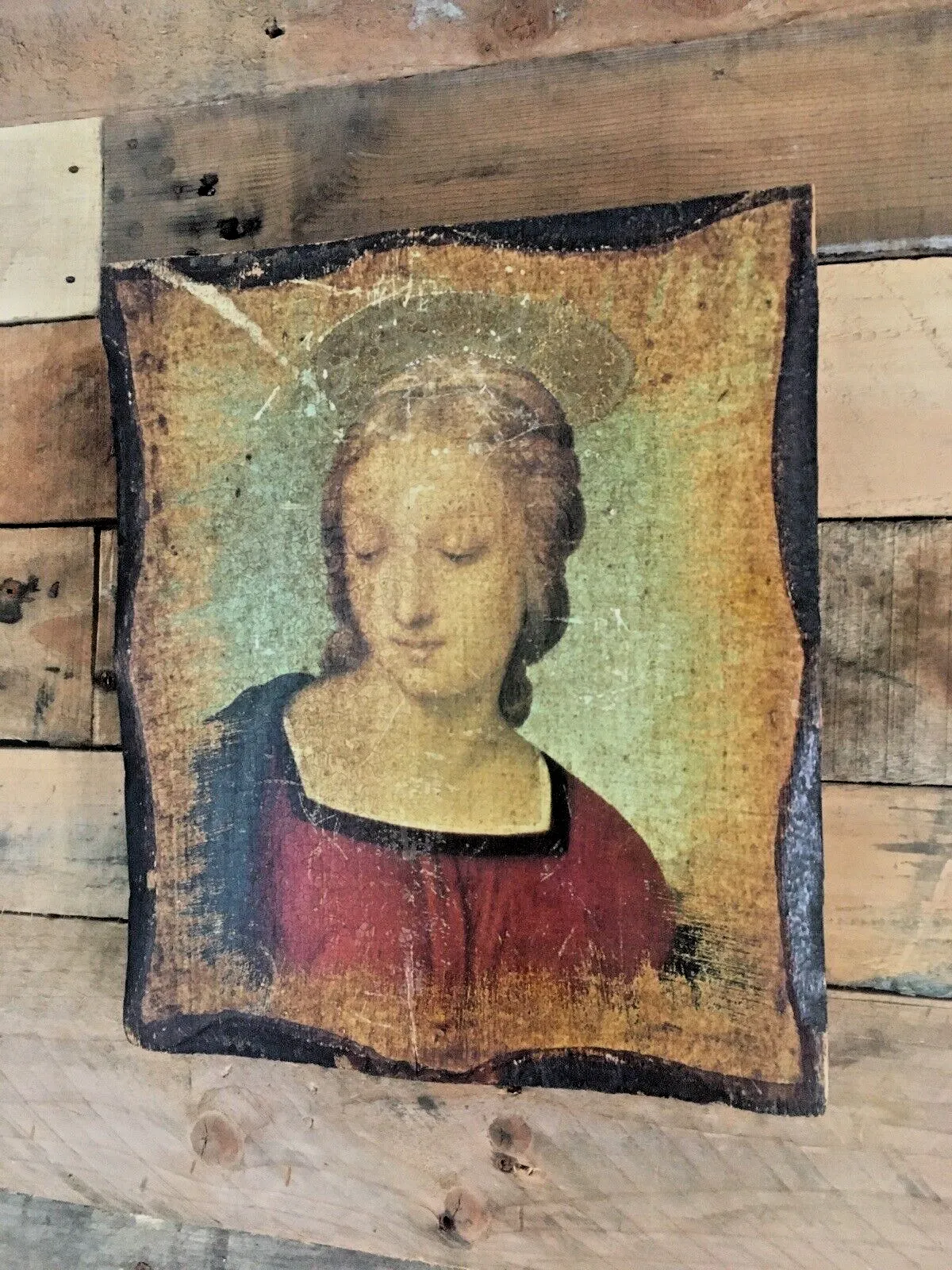 85.0 Vintage Madonna Del Cardellino Raphael Icon Religious Wooden Wall Panel Plaque photo