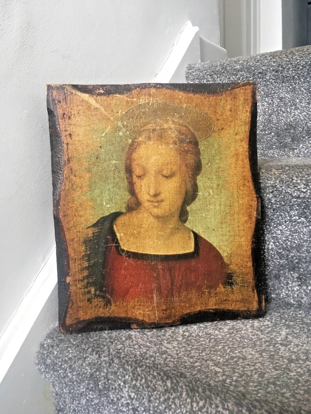 photo vinterior Vintage Madonna Del Cardellino Raphael Icon Religious Wooden Wall Panel Plaque