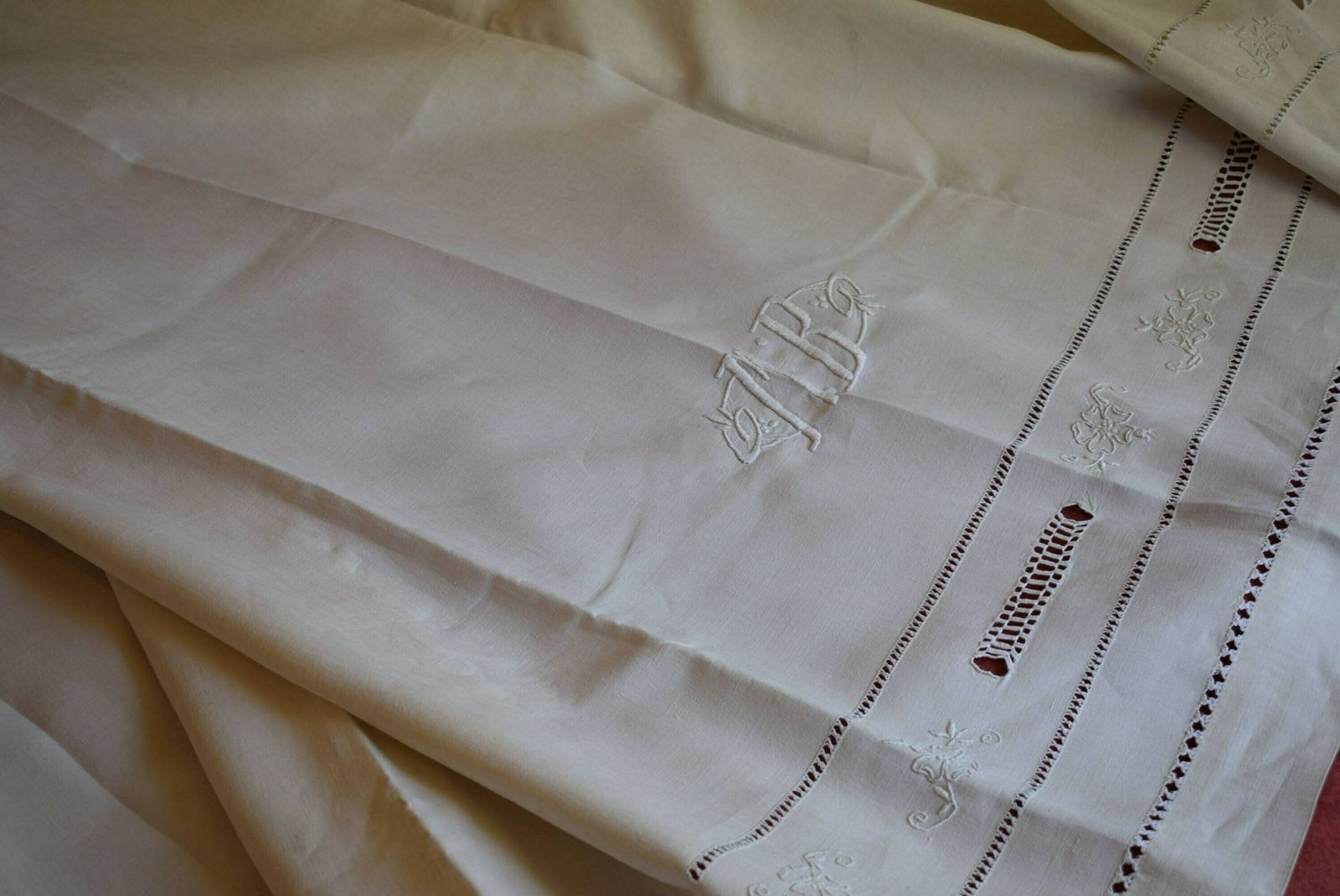 Hand Embroidered Metis Linen Dowry Sheet, Monogram M.B, Antique French Floral Embroidery Ladderwork, Trousseau Sheet
