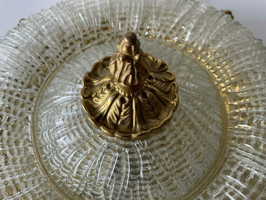 Mid Century Modern Ice Glass & Flower Brass Design Large Ceiling Or Wall Lamp, 1960s, Germany photo 893.0
