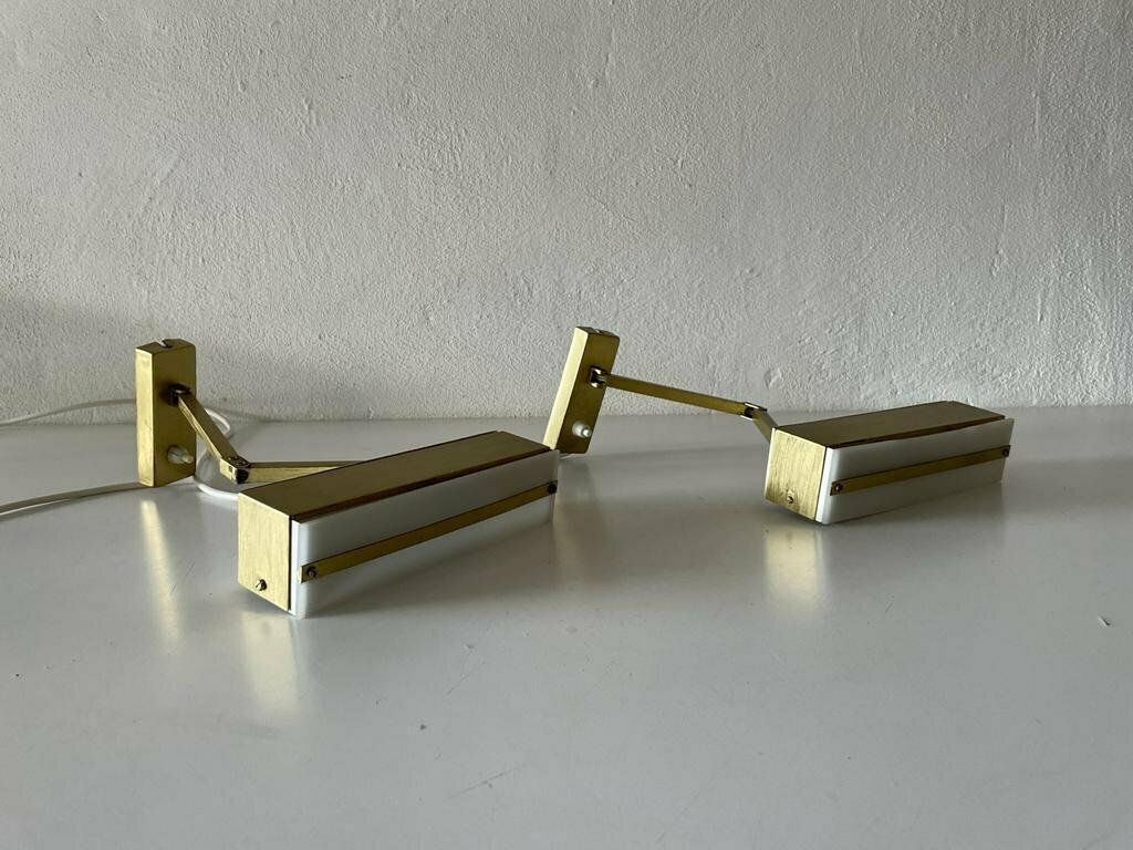 Mid Century Gold Metal And White Plexiglass Pair Of Sconces With Adjustable Arms By Paul Neuhaus Leuchten, 1950s, Germany photo furniture