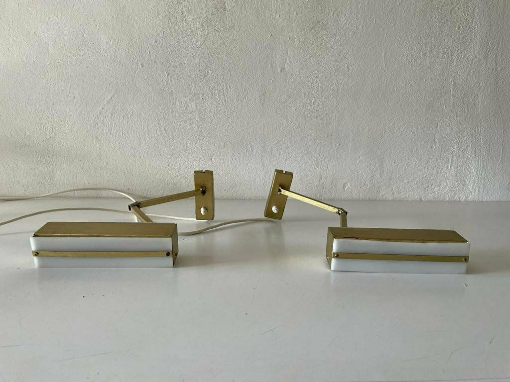 Mid Century Gold Metal And White Plexiglass Pair Of Sconces With Adjustable Arms By Paul Neuhaus Leuchten, 1950s, Germany photo for sale