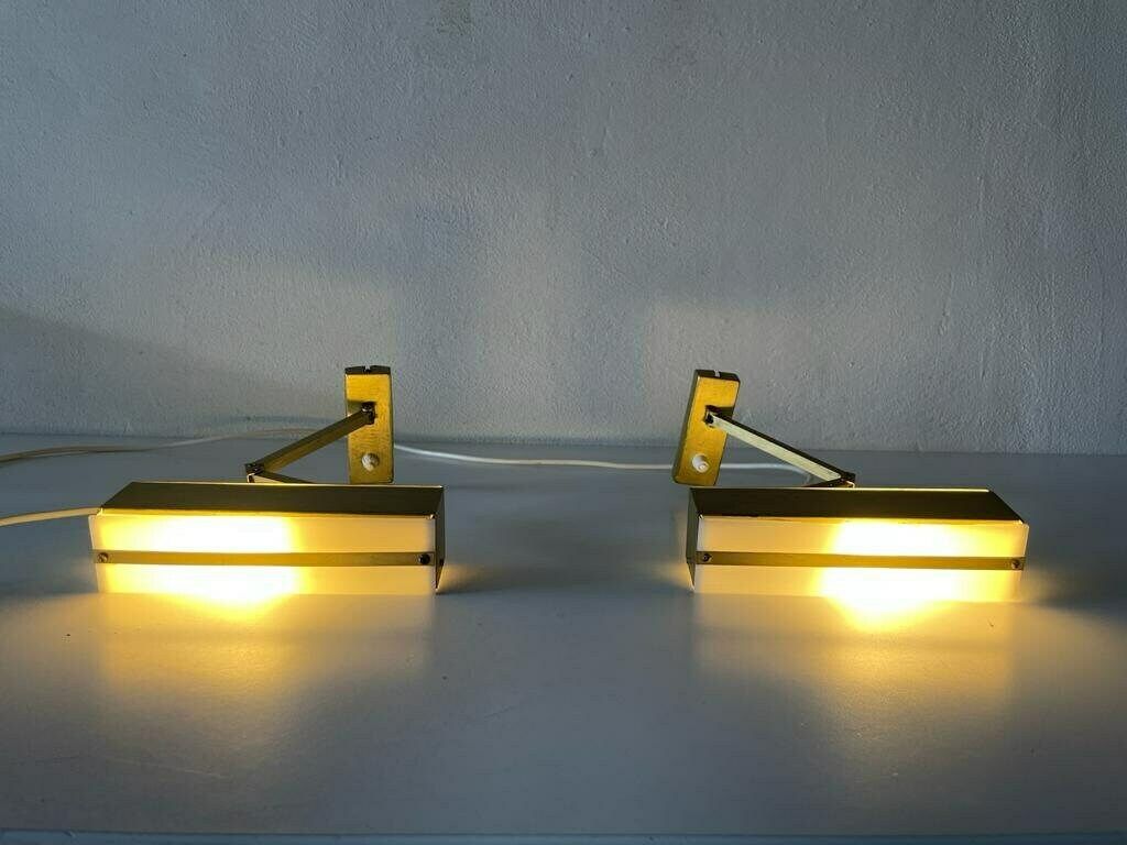 Mid Century Gold Metal And White Plexiglass Pair Of Sconces With Adjustable Arms By Paul Neuhaus Leuchten, 1950s, Germany photo Lighting