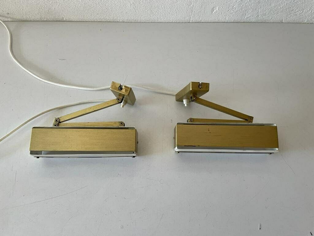 Mid Century Gold Metal And White Plexiglass Pair Of Sconces With Adjustable Arms By Paul Neuhaus Leuchten, 1950s, Germany photo 971.0