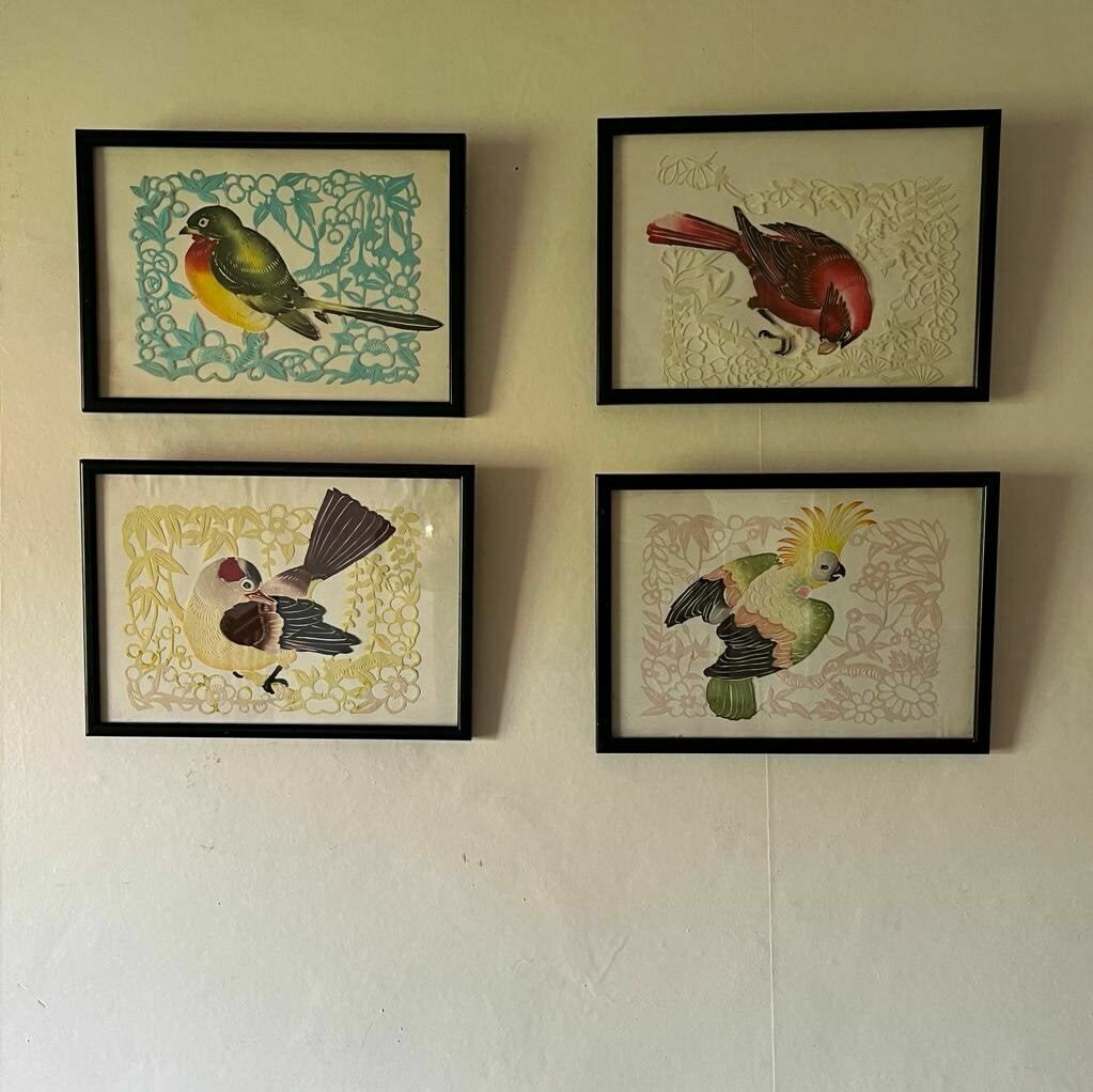 Set Of 4 Vintage Paper Cut Birds / Framed Art /Art photo for sale