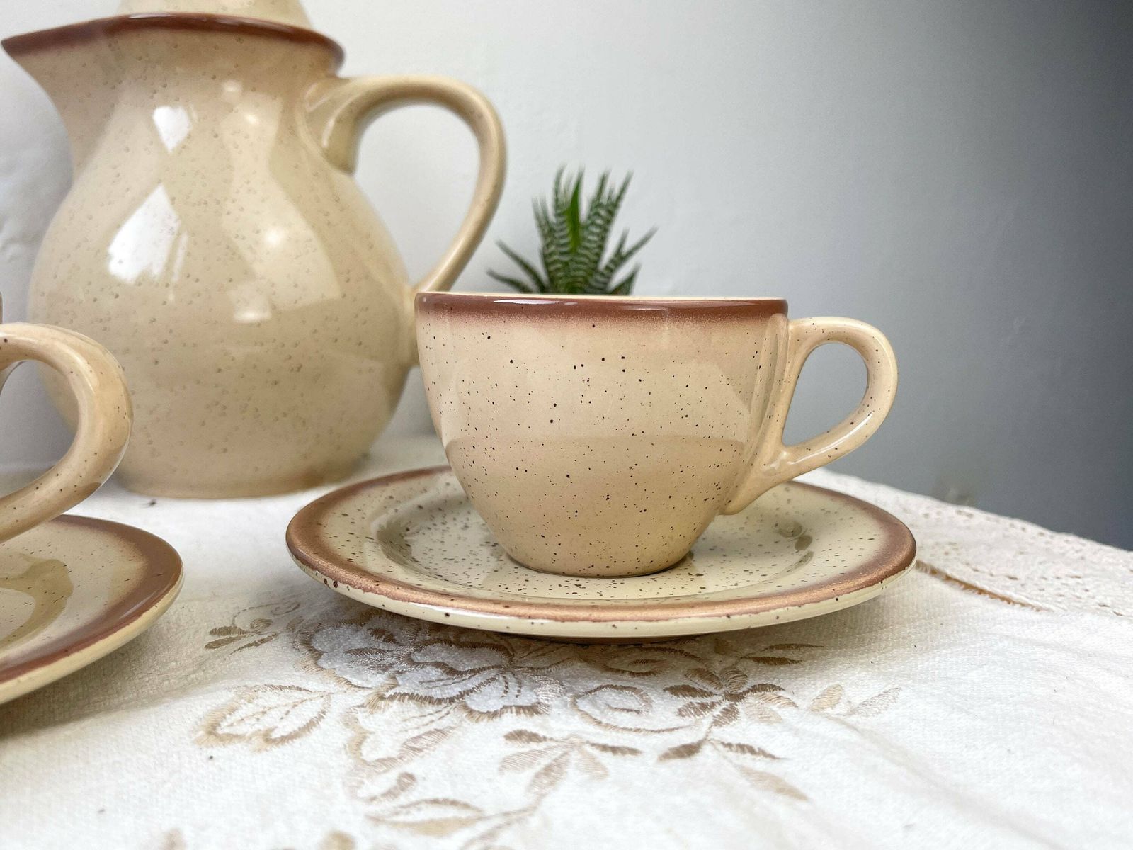 Coffee Service In Speckled Sandstone Tulowice Style Mid Century Xxth   Beige Speckled Sandstone Cups   Vintage Tableware   Poland Tableware photo furniture