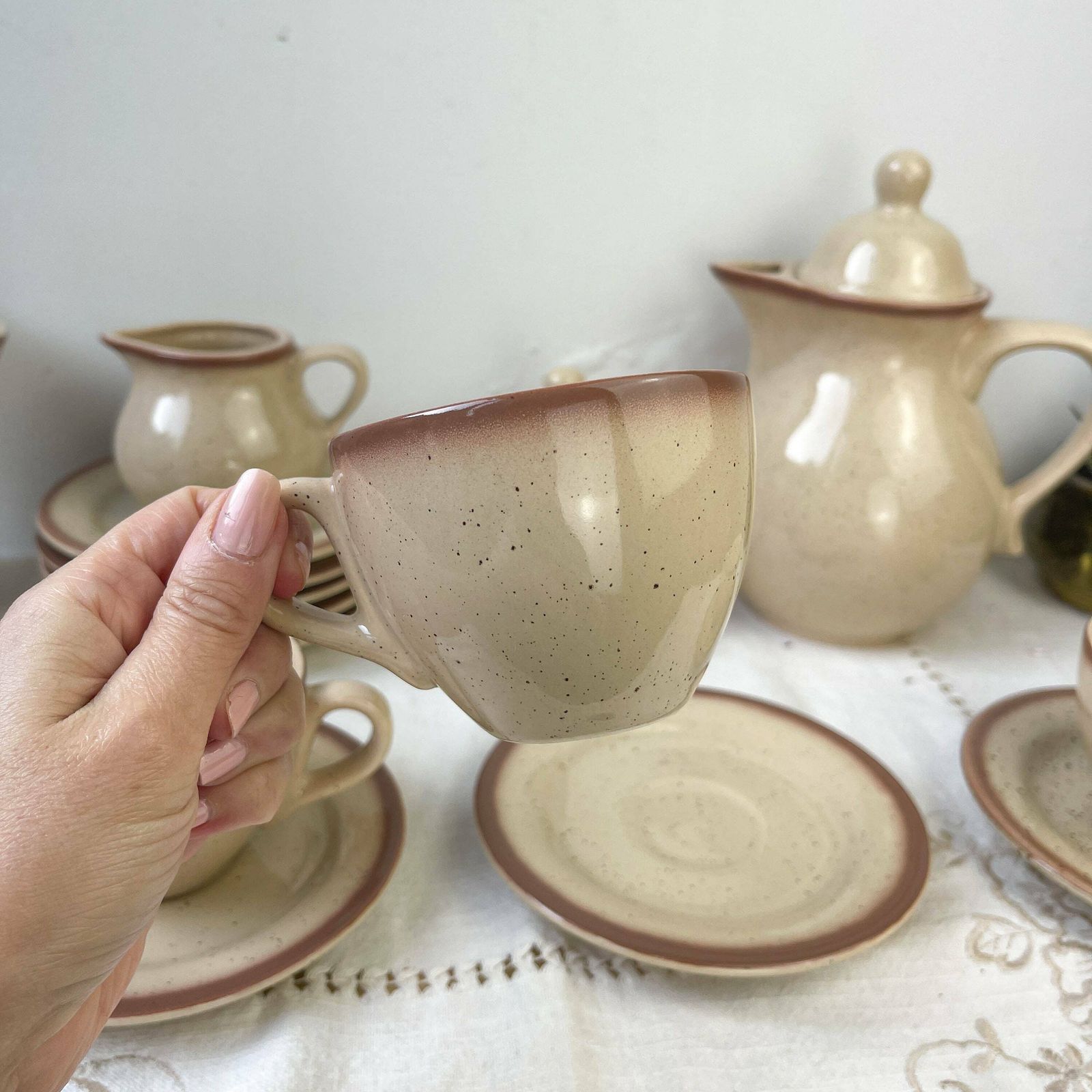 Coffee Service In Speckled Sandstone Tulowice Style Mid Century Xxth   Beige Speckled Sandstone Cups   Vintage Tableware   Poland Tableware photo for sale